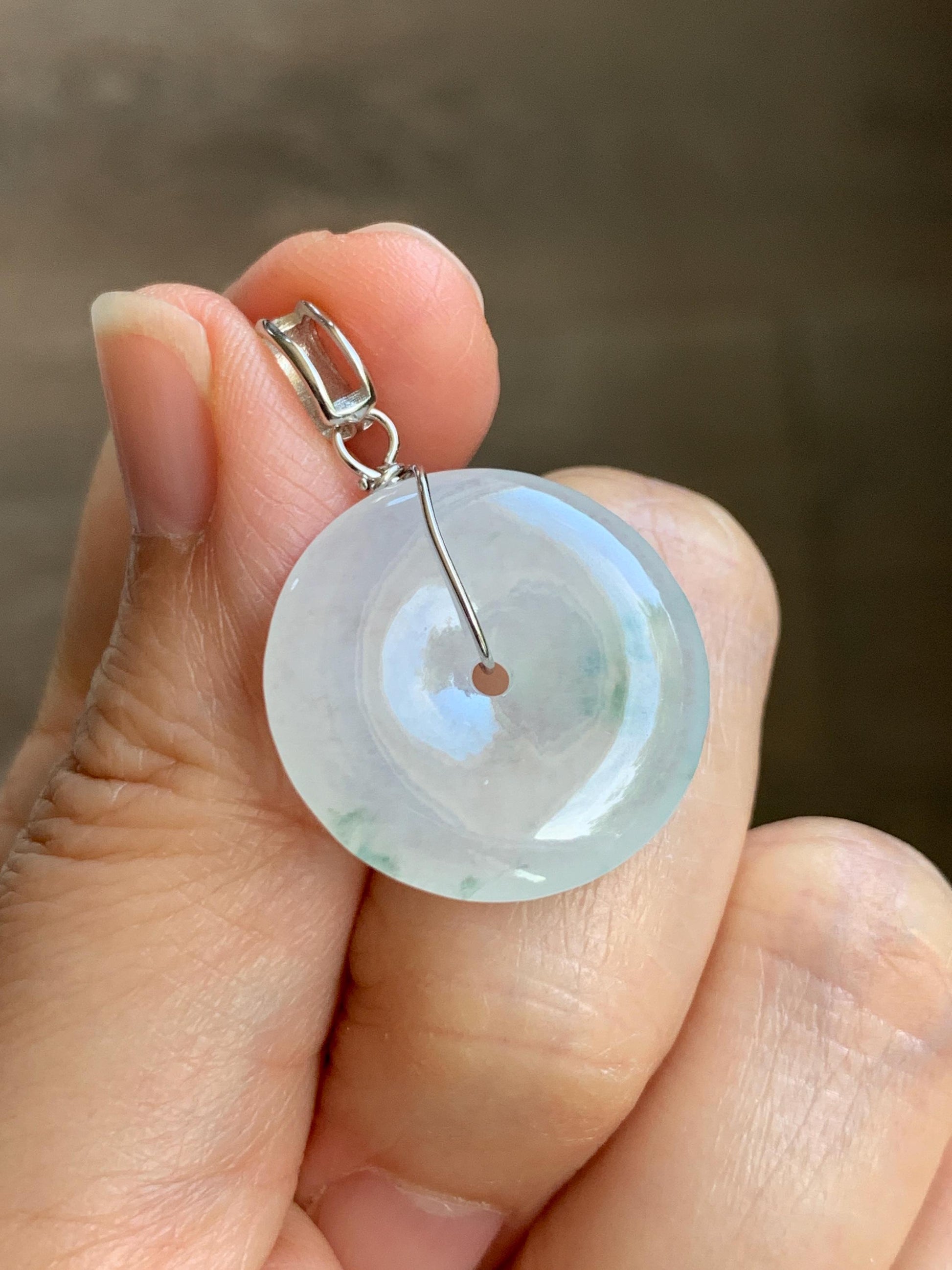 Certified Grade A Natural Icy Translucent White & Green Marbled Jade Jadeite Ping An Kou Donut Pendant Sterling Silver 6g 天然冰胶白飘花翡翠平安扣吊坠 256