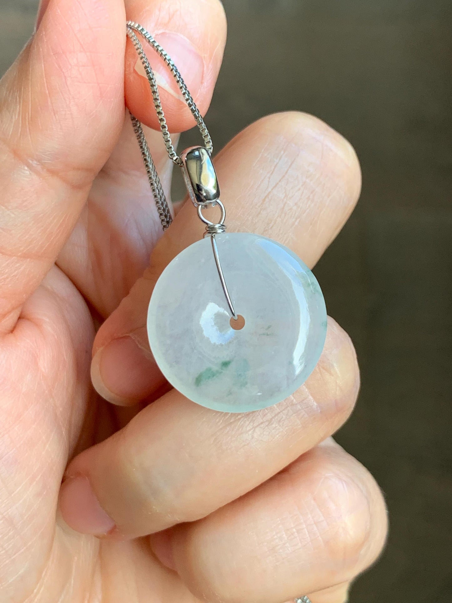 Certified Grade A Natural Icy Translucent White & Green Marbled Jade Jadeite Ping An Kou Donut Pendant Sterling Silver 6g 天然冰胶白飘花翡翠平安扣吊坠 256