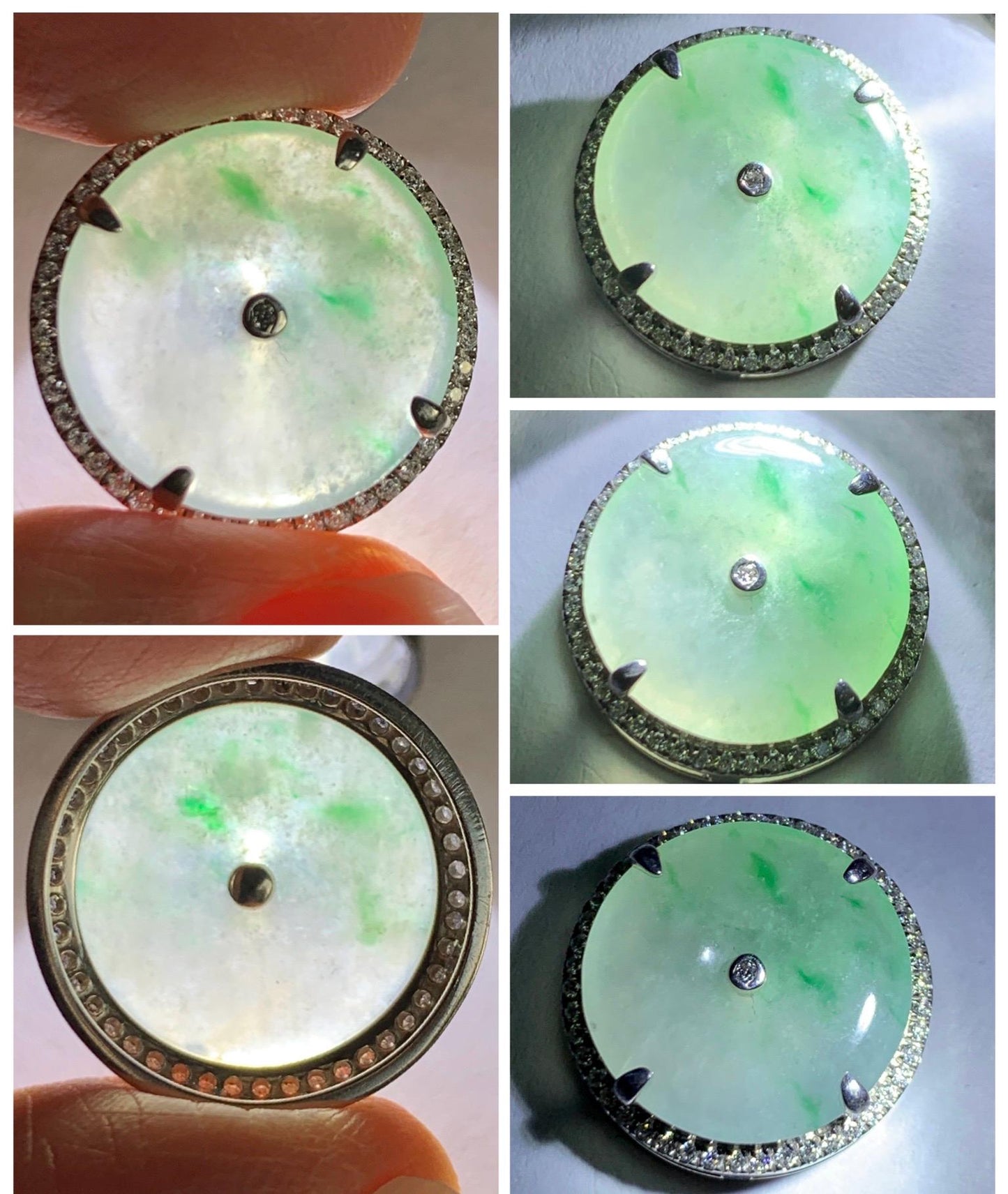 Certified Natural Grade A Icy Translucent Green Marbled Jade Jadeite Ping An Kou Donut Pendant Bracelet Sterling Silver 天然白冰胶飘花翡翠平安扣吊坠手牌 241