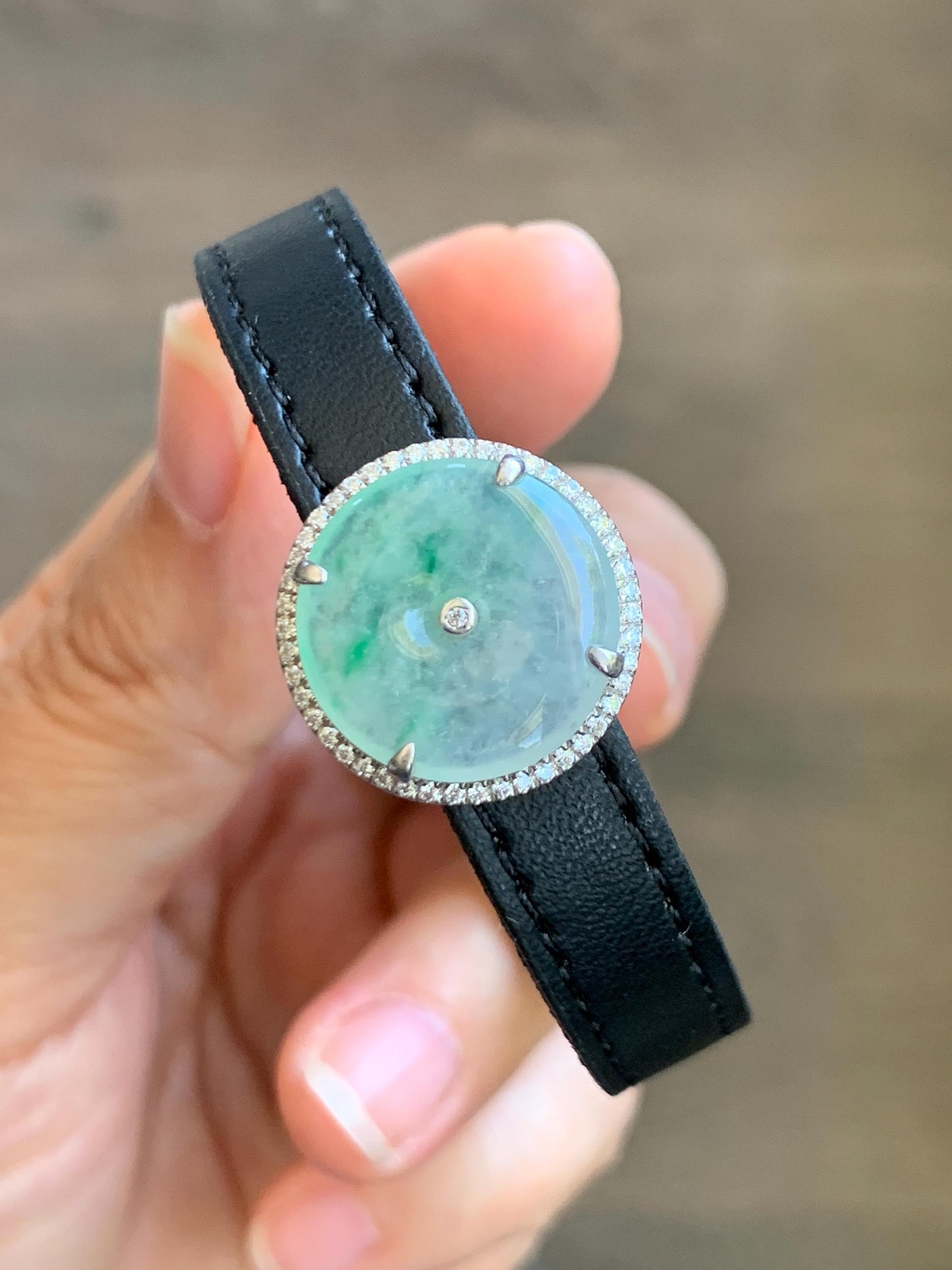 Certified Natural Grade A Icy Translucent Green Marbled Jade Jadeite Ping An Kou Donut Pendant Bracelet Sterling Silver 天然白冰胶飘花翡翠平安扣吊坠手牌 241