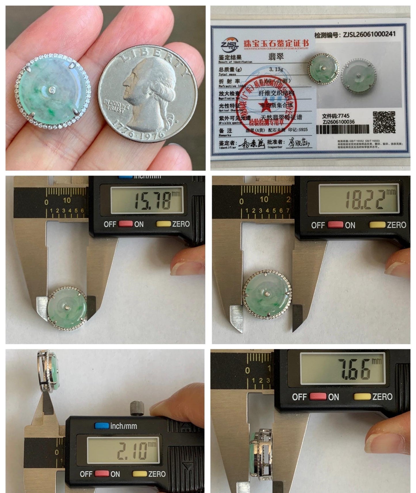 Certified Natural Grade A Icy Translucent Green Marbled Jade Jadeite Ping An Kou Donut Pendant Bracelet Sterling Silver 天然白冰胶飘花翡翠平安扣吊坠手牌 241