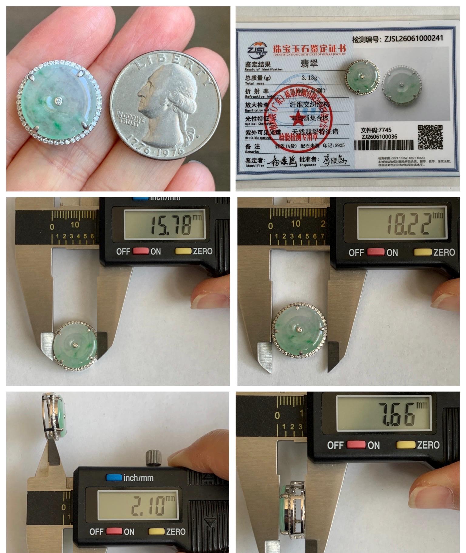 Certified Natural Grade A Icy Translucent Green Marbled Jade Jadeite Ping An Kou Donut Pendant Bracelet Sterling Silver 天然白冰胶飘花翡翠平安扣吊坠手牌 241
