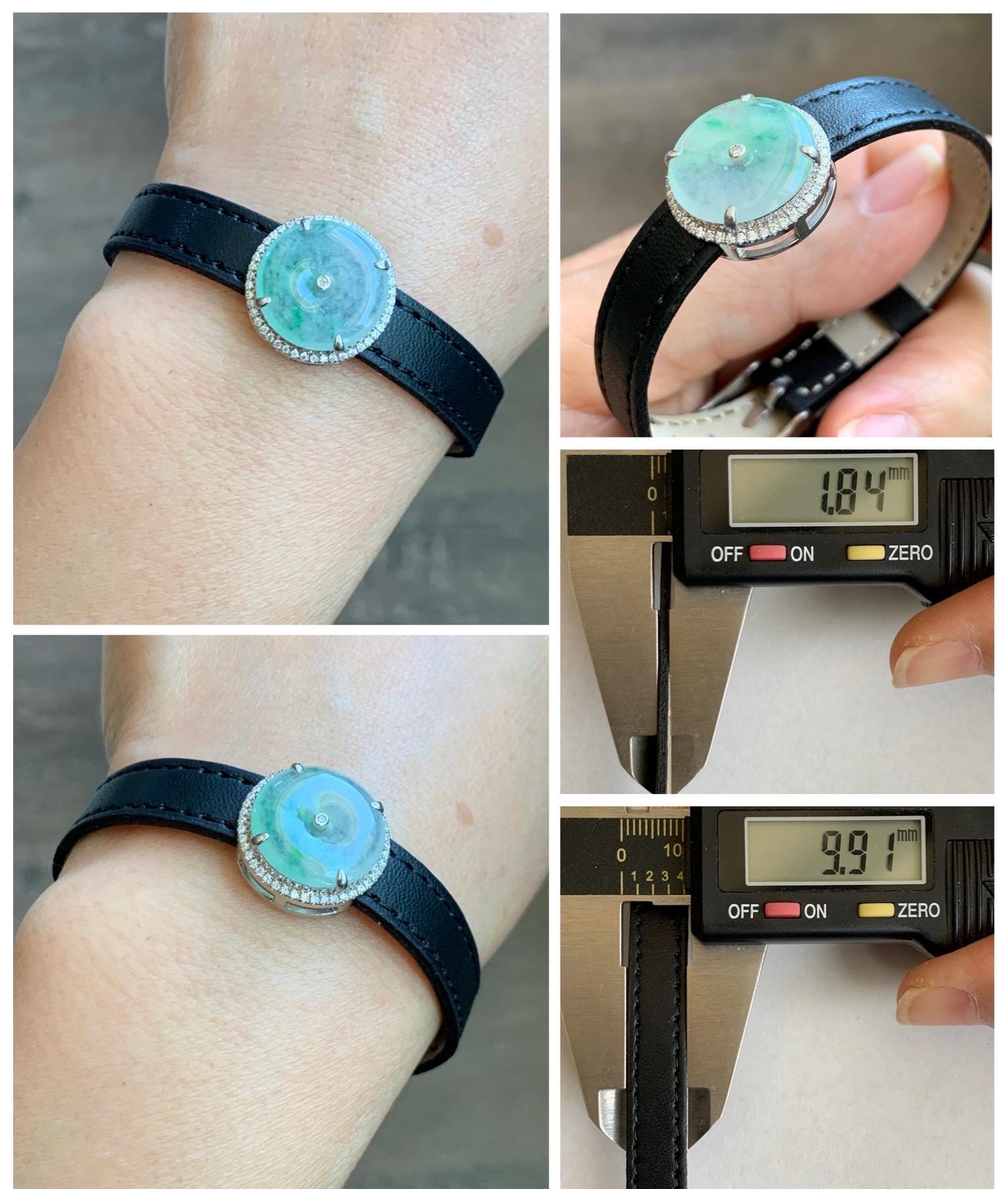 Certified Natural Grade A Icy Translucent Green Marbled Jade Jadeite Ping An Kou Donut Pendant Bracelet Sterling Silver 天然白冰胶飘花翡翠平安扣吊坠手牌 241