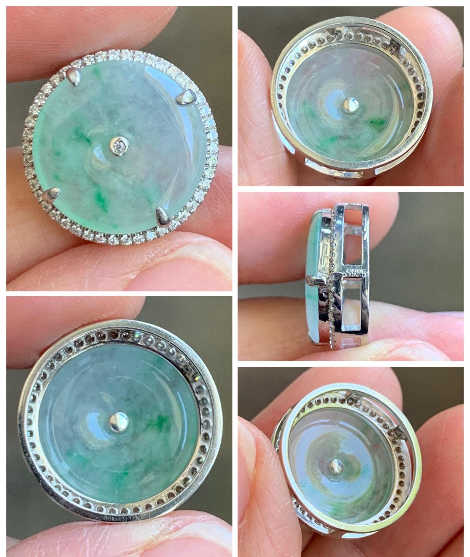 Certified Natural Grade A Icy Translucent Green Marbled Jade Jadeite Ping An Kou Donut Pendant Bracelet Sterling Silver 天然白冰胶飘花翡翠平安扣吊坠手牌 241