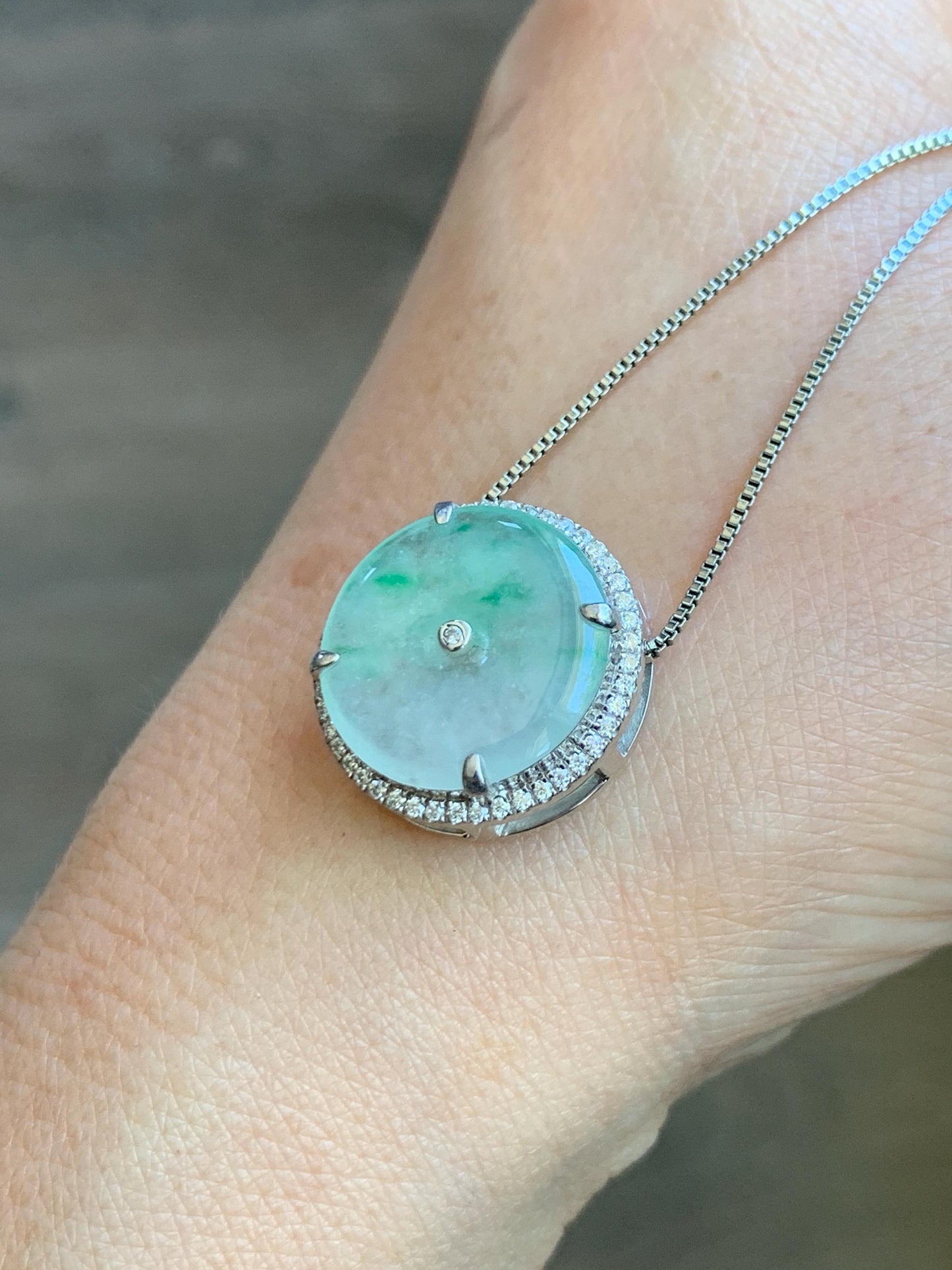 Certified Natural Grade A Icy Translucent Green Marbled Jade Jadeite Ping An Kou Donut Pendant Bracelet Sterling Silver 天然白冰胶飘花翡翠平安扣吊坠手牌 241