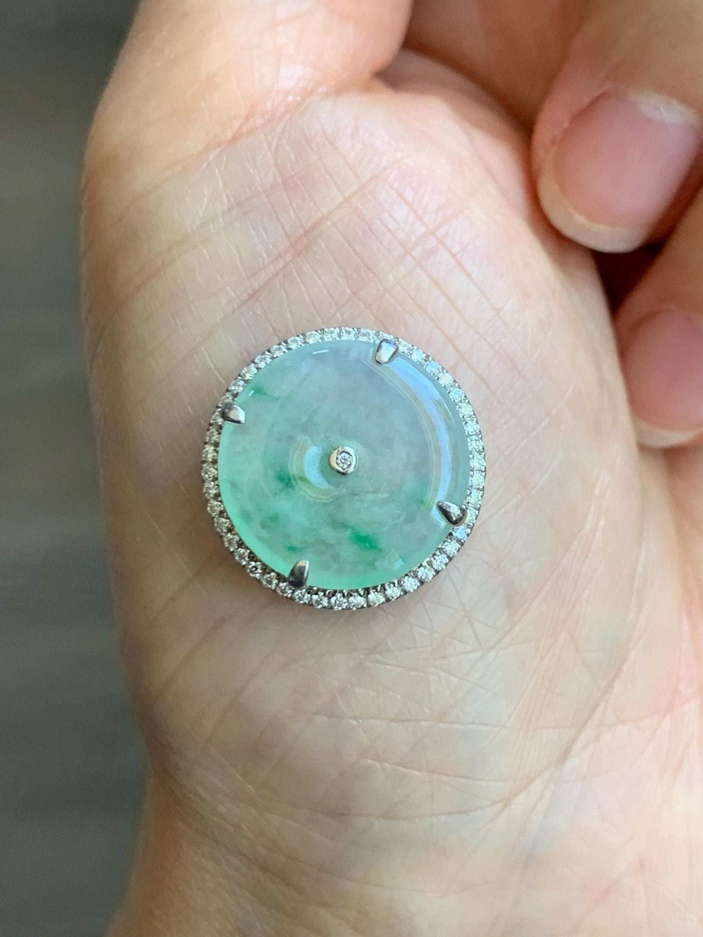 Certified Natural Grade A Icy Translucent Green Marbled Jade Jadeite Ping An Kou Donut Pendant Bracelet Sterling Silver 天然白冰胶飘花翡翠平安扣吊坠手牌 241