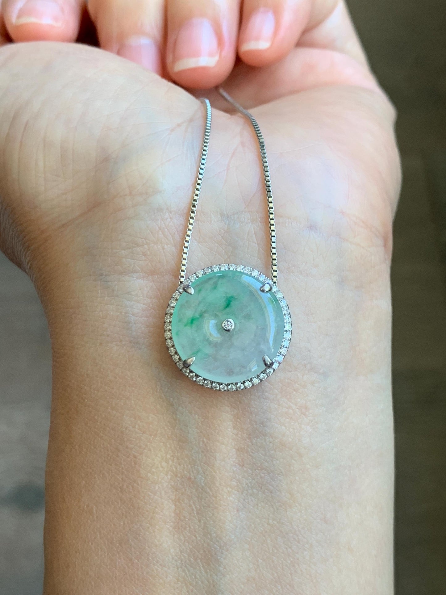 Certified Natural Grade A Icy Translucent Green Marbled Jade Jadeite Ping An Kou Donut Pendant Bracelet Sterling Silver 天然白冰胶飘花翡翠平安扣吊坠手牌 241