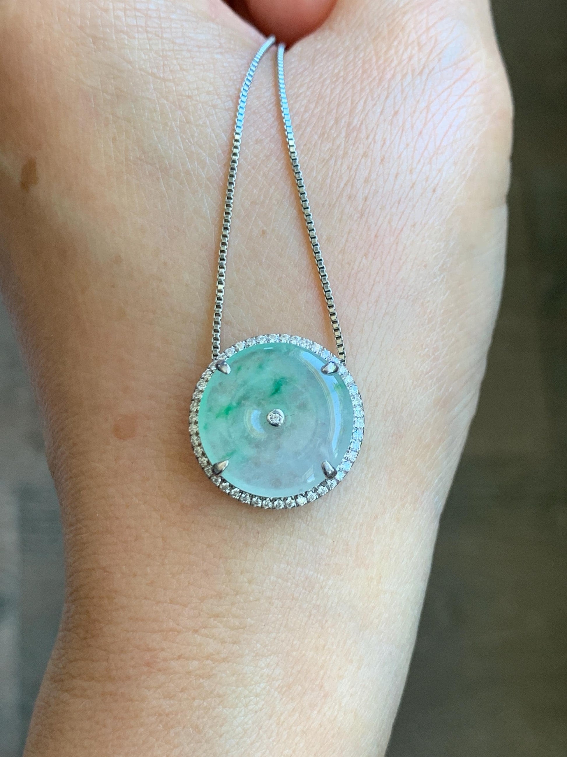 Certified Natural Grade A Icy Translucent Green Marbled Jade Jadeite Ping An Kou Donut Pendant Bracelet Sterling Silver 天然白冰胶飘花翡翠平安扣吊坠手牌 241