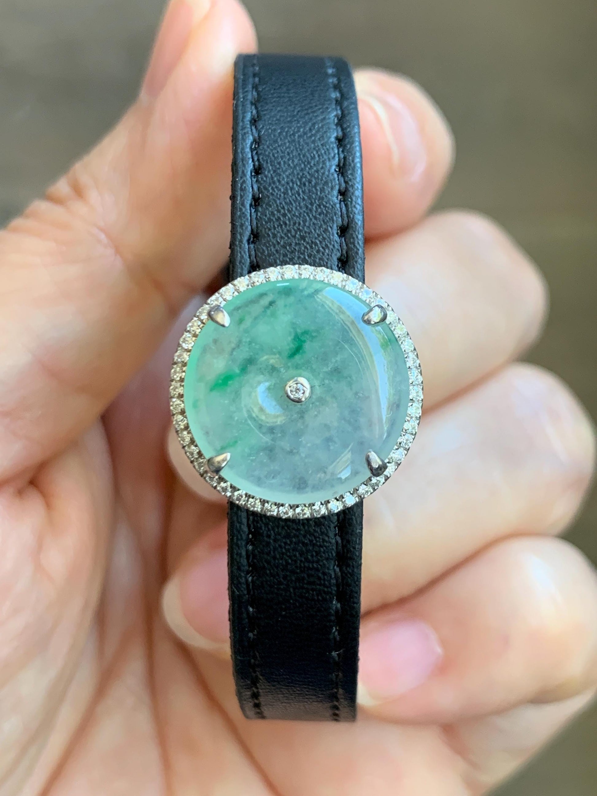 Certified Natural Grade A Icy Translucent Green Marbled Jade Jadeite Ping An Kou Donut Pendant Bracelet Sterling Silver 天然白冰胶飘花翡翠平安扣吊坠手牌 241