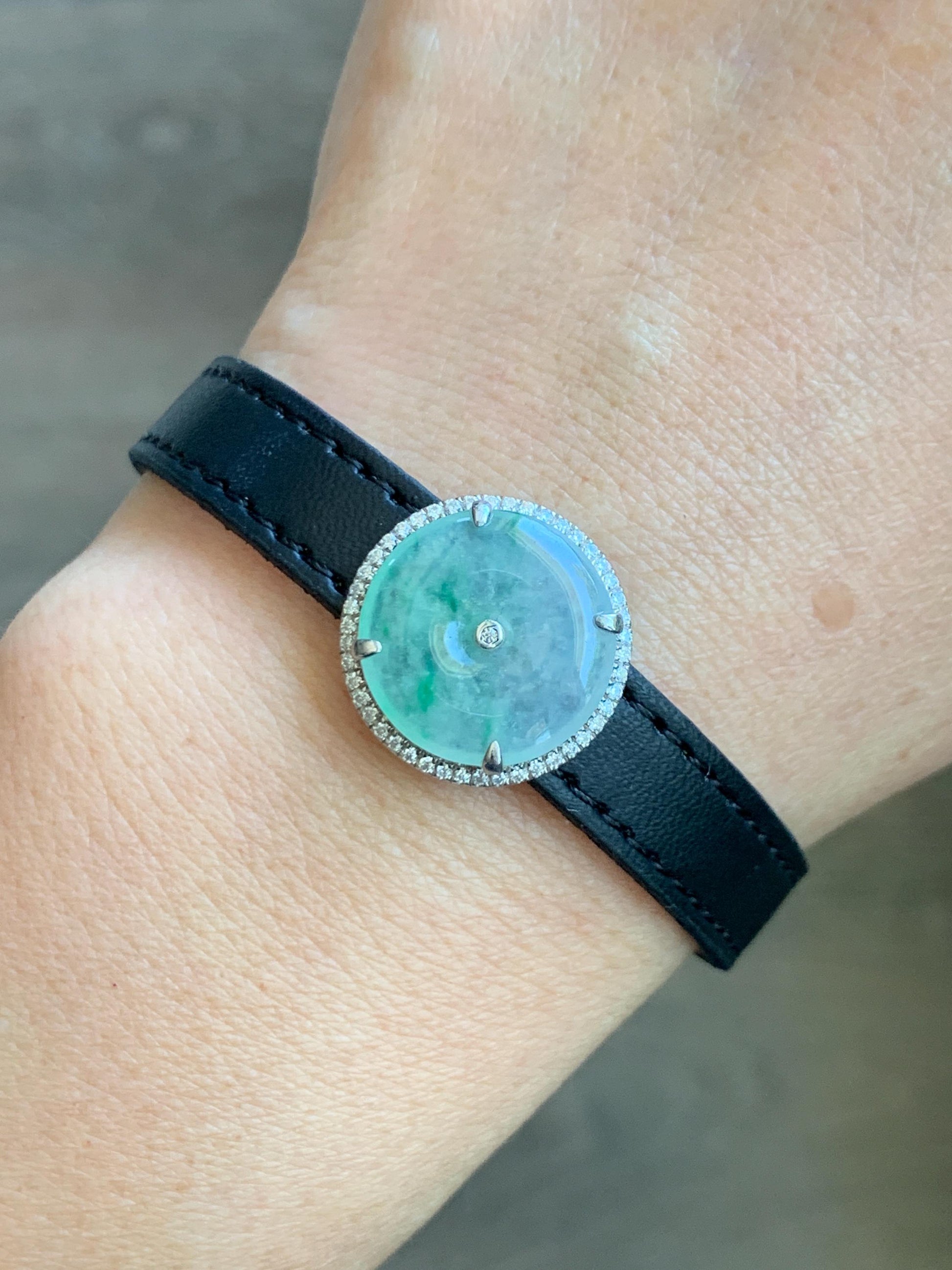 Certified Natural Grade A Icy Translucent Green Marbled Jade Jadeite Ping An Kou Donut Pendant Bracelet Sterling Silver 天然白冰胶飘花翡翠平安扣吊坠手牌 241