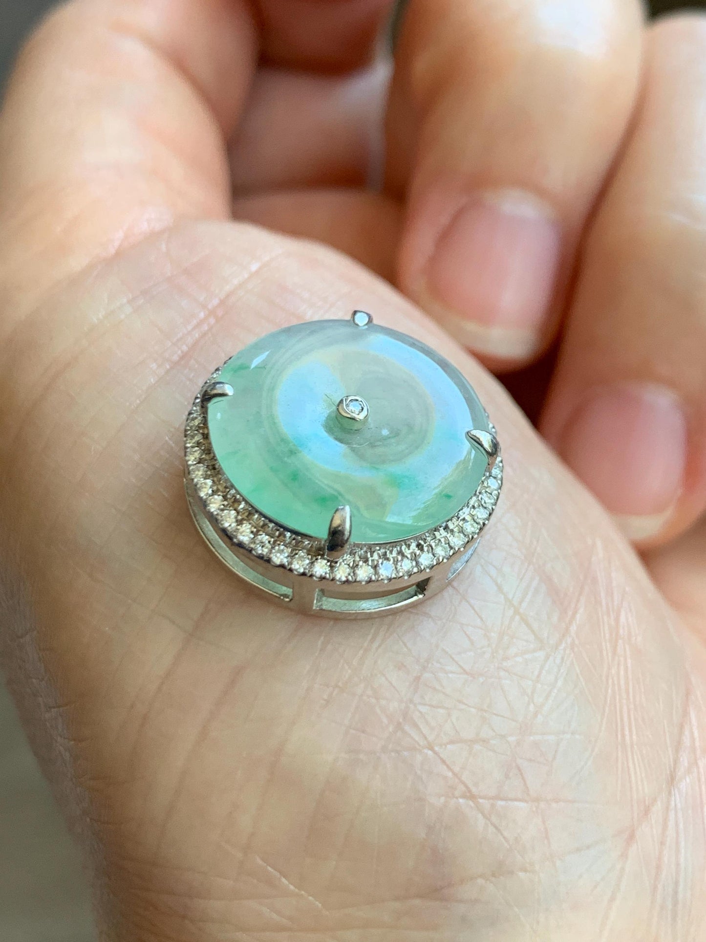 Certified Natural Grade A Icy Translucent Green Marbled Jade Jadeite Ping An Kou Donut Pendant Bracelet Sterling Silver 天然白冰胶飘花翡翠平安扣吊坠手牌 241