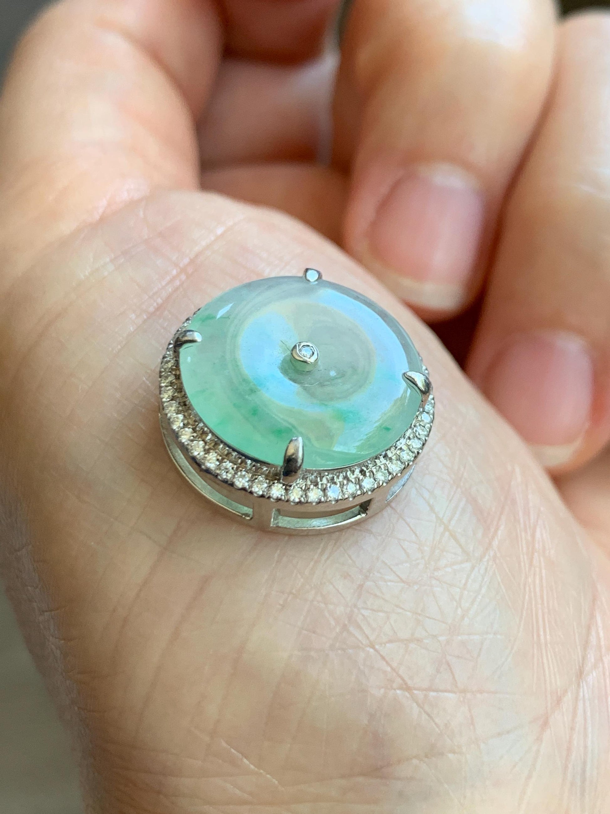 Certified Natural Grade A Icy Translucent Green Marbled Jade Jadeite Ping An Kou Donut Pendant Bracelet Sterling Silver 天然白冰胶飘花翡翠平安扣吊坠手牌 241