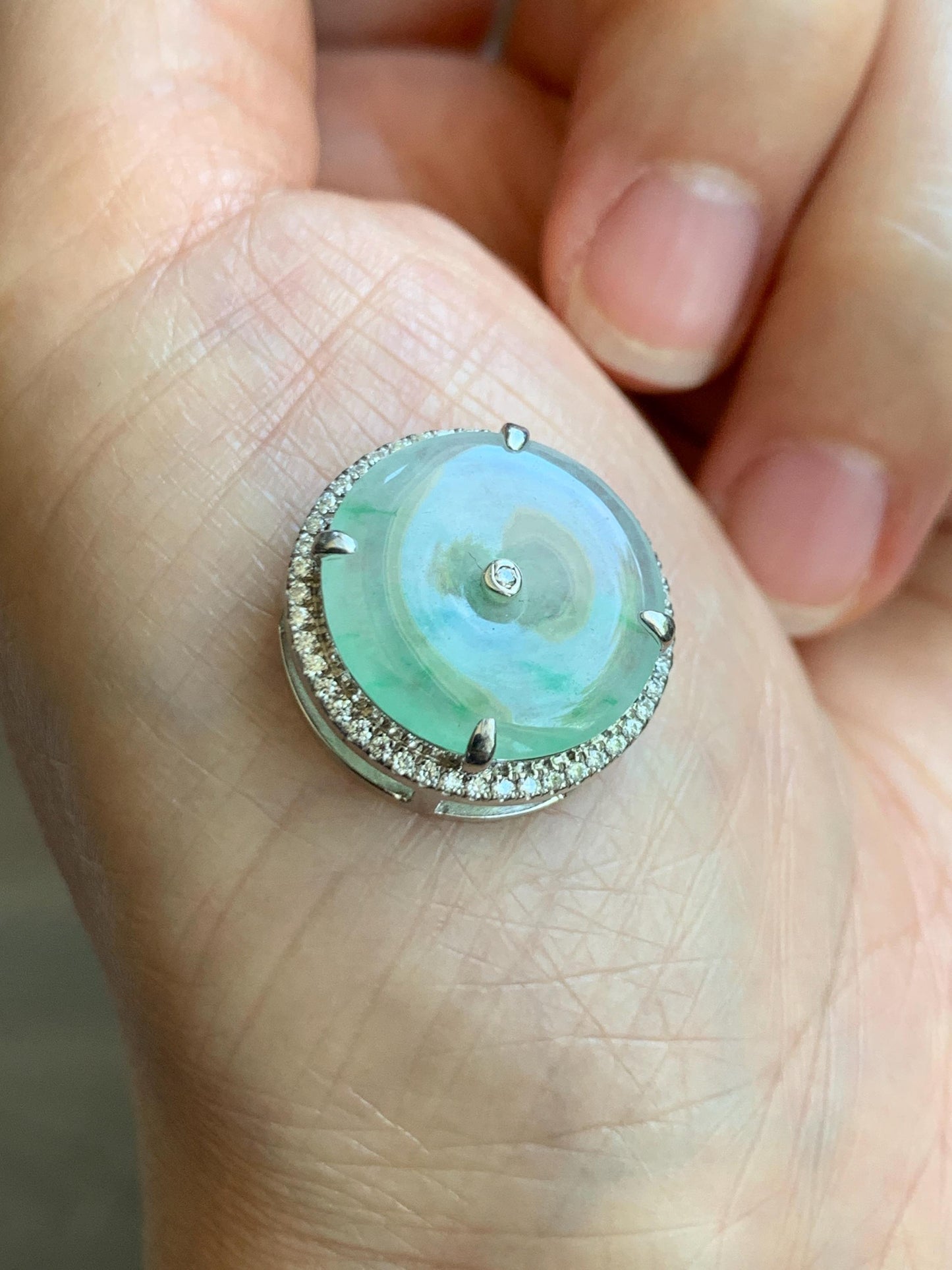Certified Natural Grade A Icy Translucent Green Marbled Jade Jadeite Ping An Kou Donut Pendant Bracelet Sterling Silver 天然白冰胶飘花翡翠平安扣吊坠手牌 241