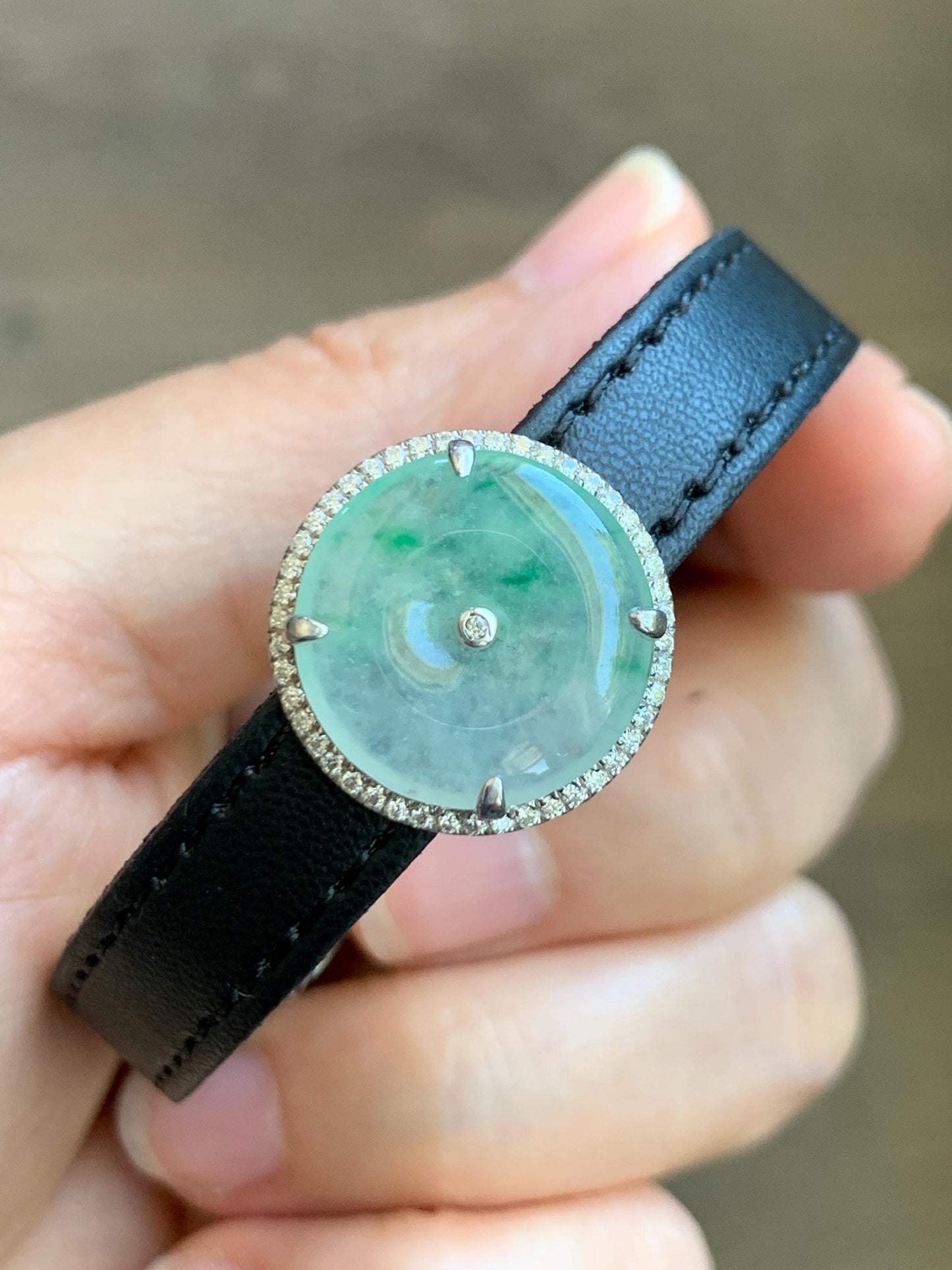 Certified Natural Grade A Icy Translucent Green Marbled Jade Jadeite Ping An Kou Donut Pendant Bracelet Sterling Silver 天然白冰胶飘花翡翠平安扣吊坠手牌 241