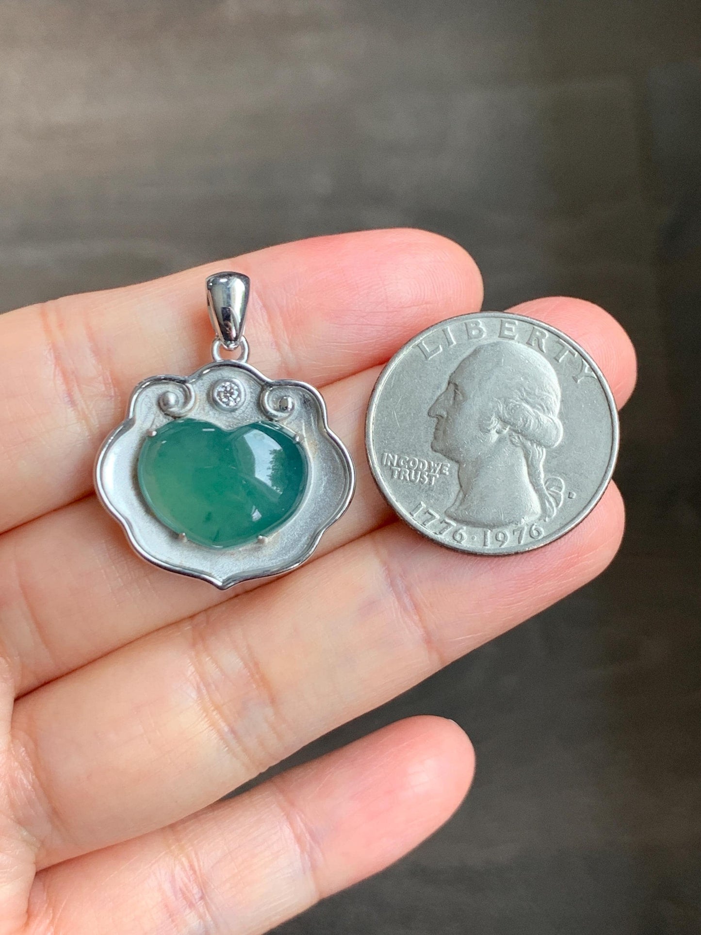 Certified Natural Grade A Guatemalan Icy Translucent Teal Green Jade Jadeite Heart Ruyi Lock Pendant Sterling Silver 6.7g 天然冰危绿翡翠爱心如意锁吊坠 221