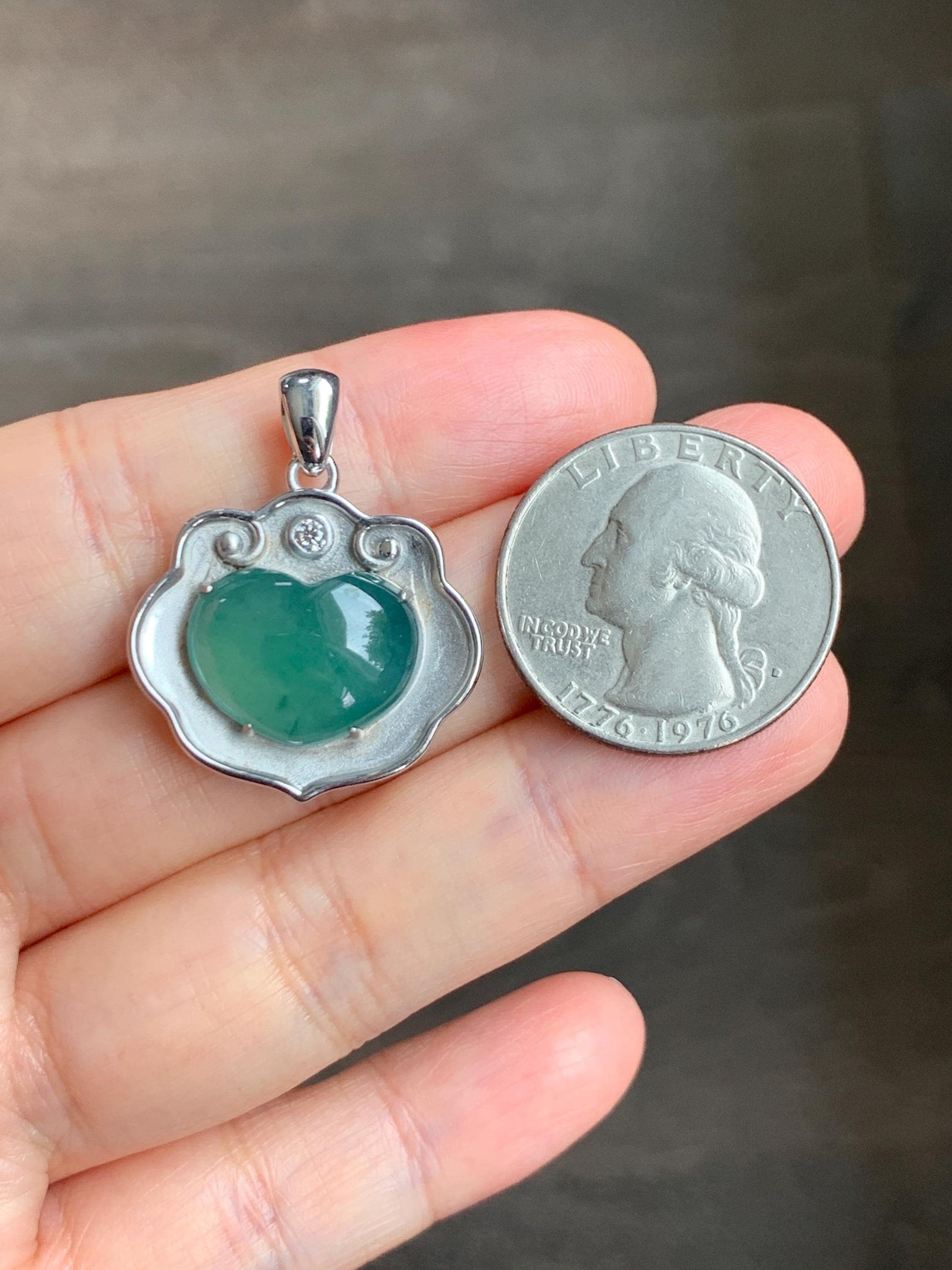 Certified Natural Grade A Guatemalan Icy Translucent Teal Green Jade Jadeite Heart Ruyi Lock Pendant Sterling Silver 6.7g 天然冰危绿翡翠爱心如意锁吊坠 221