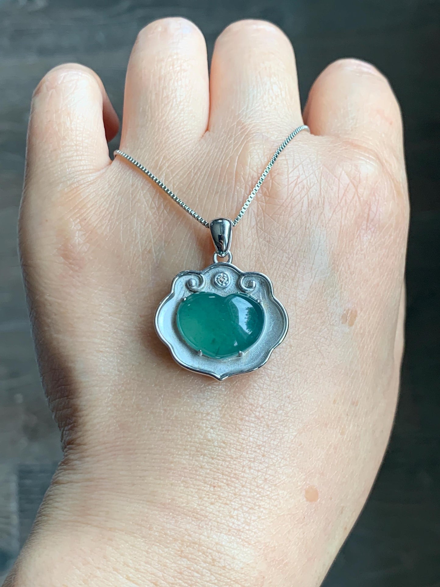 Certified Natural Grade A Guatemalan Icy Translucent Teal Green Jade Jadeite Heart Ruyi Lock Pendant Sterling Silver 6.7g 天然冰危绿翡翠爱心如意锁吊坠 221