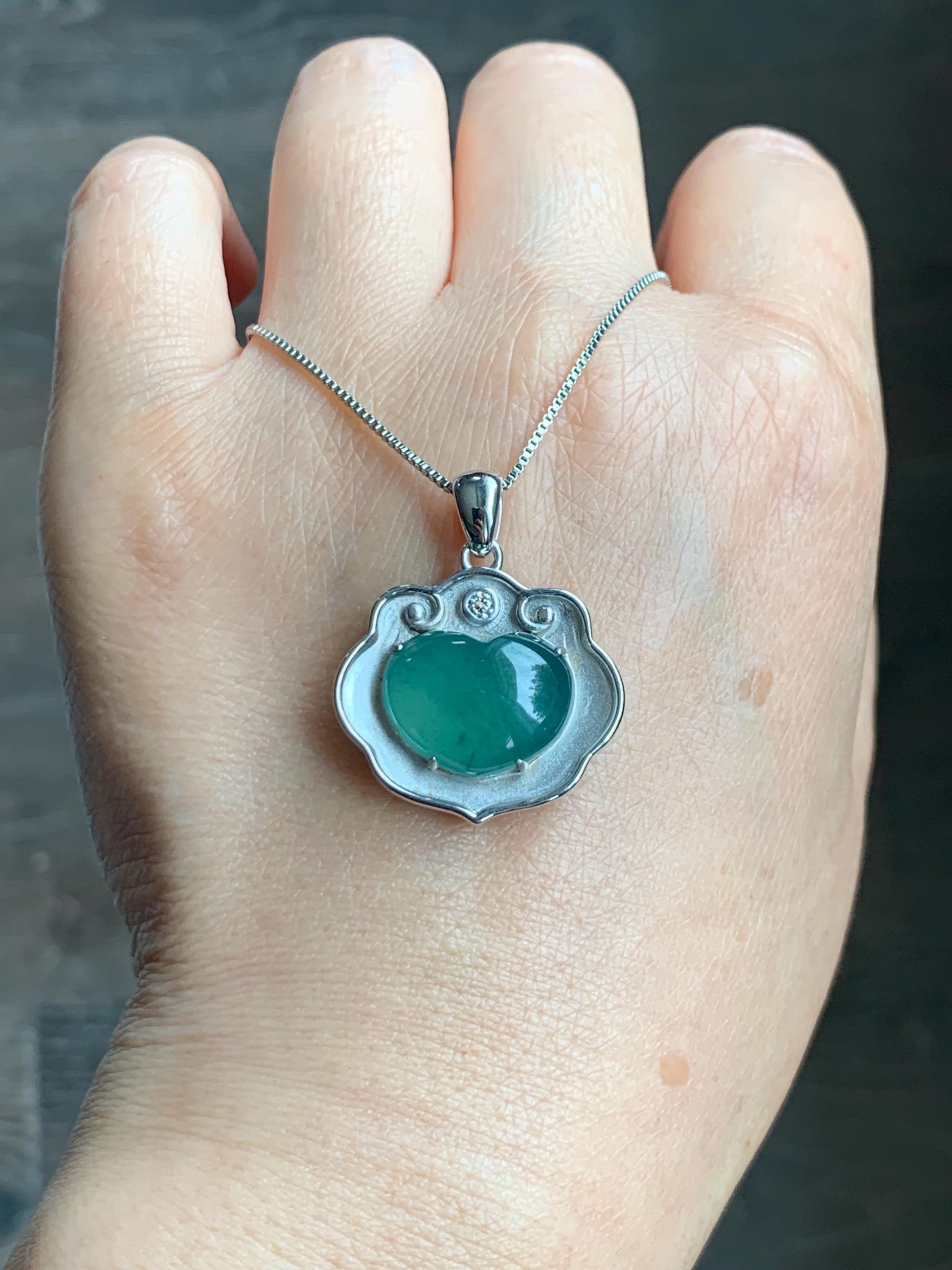 Certified Natural Grade A Guatemalan Icy Translucent Teal Green Jade Jadeite Heart Ruyi Lock Pendant Sterling Silver 6.7g 天然冰危绿翡翠爱心如意锁吊坠 221