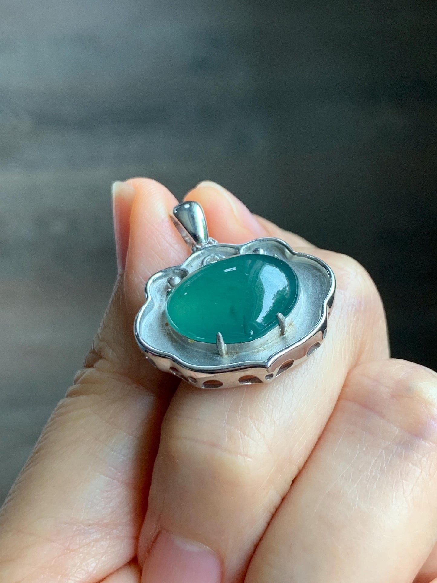 Certified Natural Grade A Guatemalan Icy Translucent Teal Green Jade Jadeite Heart Ruyi Lock Pendant Sterling Silver 6.7g 天然冰危绿翡翠爱心如意锁吊坠 221