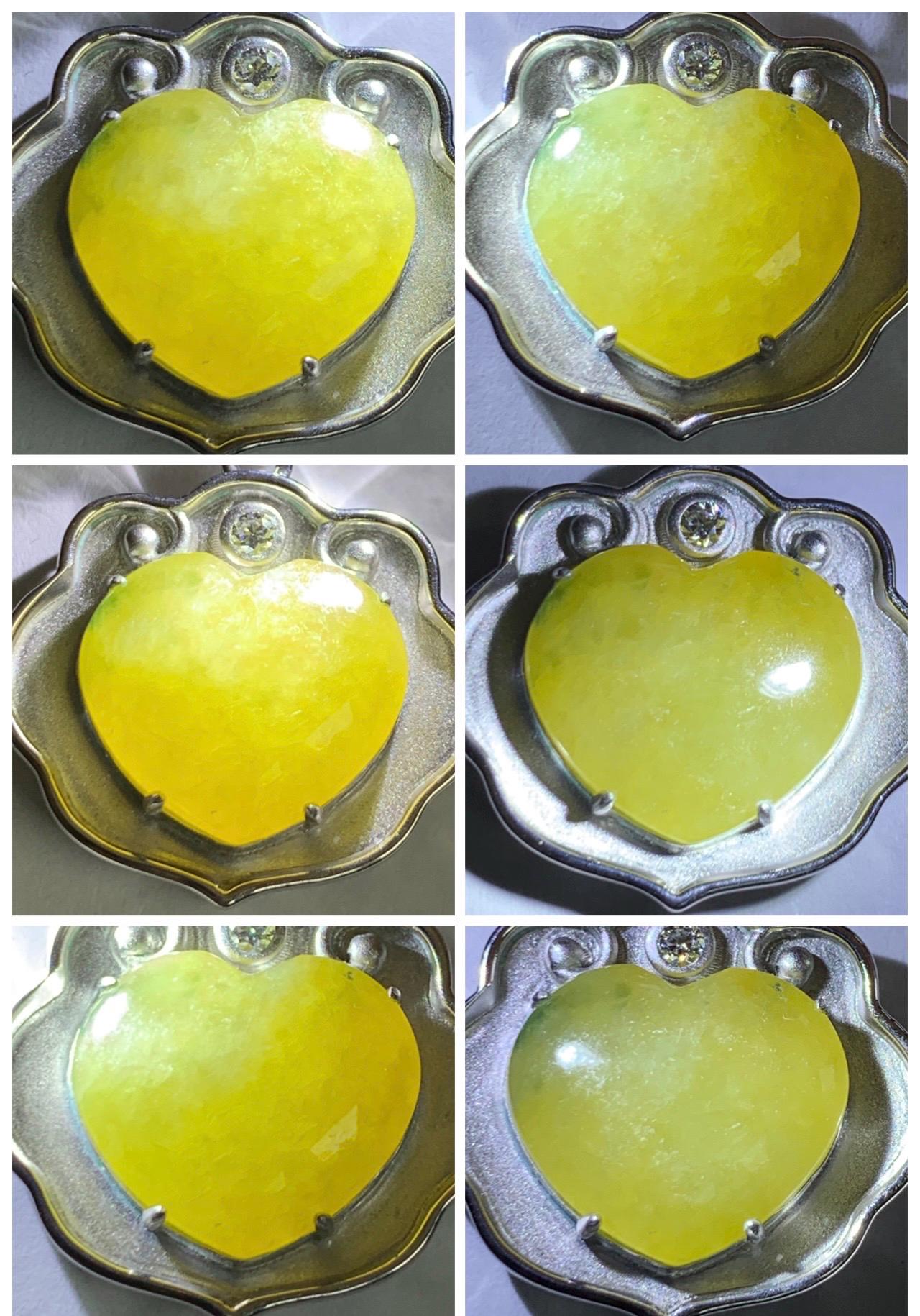 Certified Natural Grade A Icy Translucent Mustard Yellow Jade Jadeite Heart Ruyi Lock Pendant Sterling Silver 6.67g 天然冰黄翡翠爱心如意锁吊坠 220