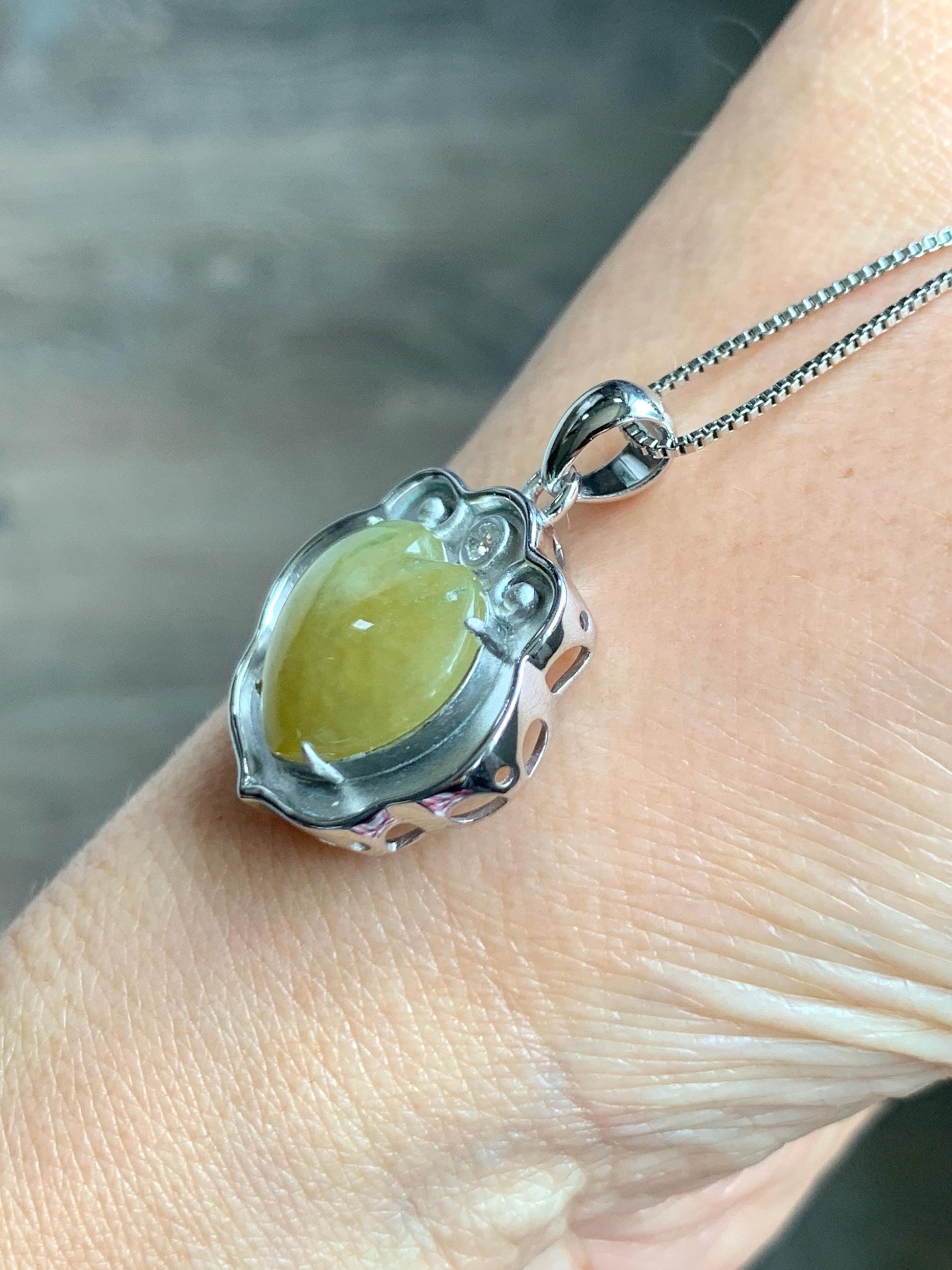 Certified Natural Grade A Icy Translucent Mustard Yellow Jade Jadeite Heart Ruyi Lock Pendant Sterling Silver 6.67g 天然冰黄翡翠爱心如意锁吊坠 220