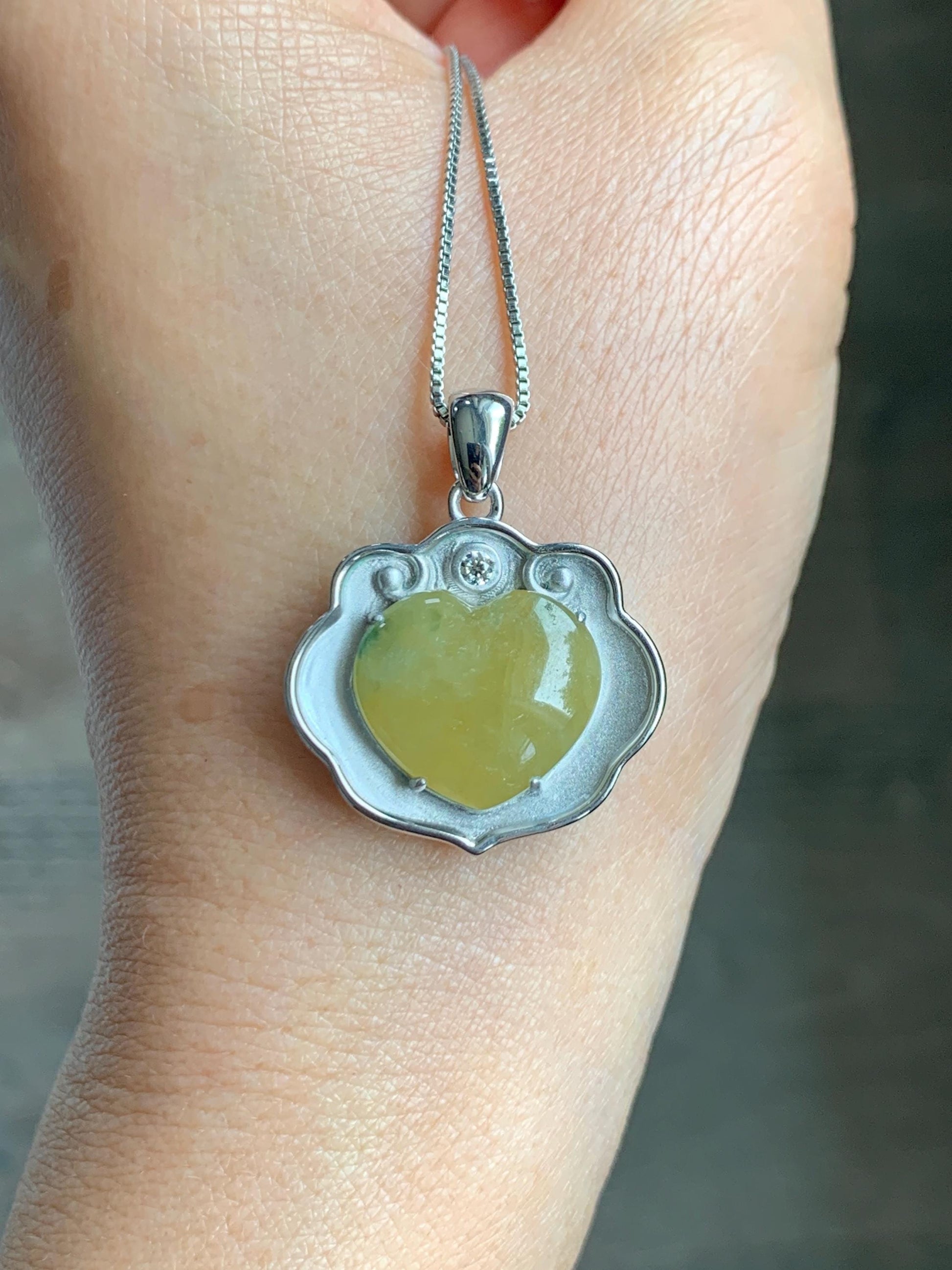 Certified Natural Grade A Icy Translucent Mustard Yellow Jade Jadeite Heart Ruyi Lock Pendant Sterling Silver 6.67g 天然冰黄翡翠爱心如意锁吊坠 220