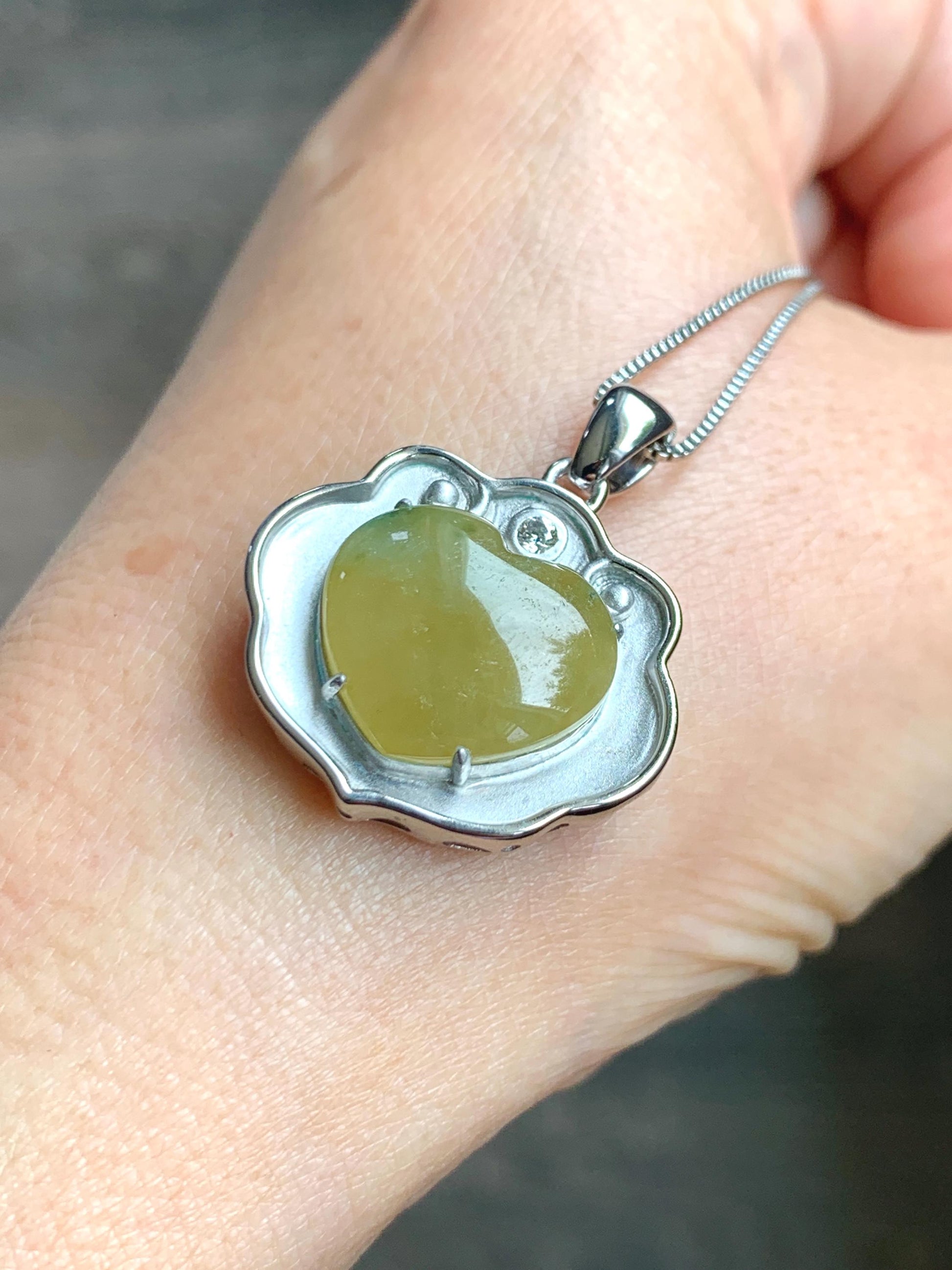 Certified Natural Grade A Icy Translucent Mustard Yellow Jade Jadeite Heart Ruyi Lock Pendant Sterling Silver 6.67g 天然冰黄翡翠爱心如意锁吊坠 220