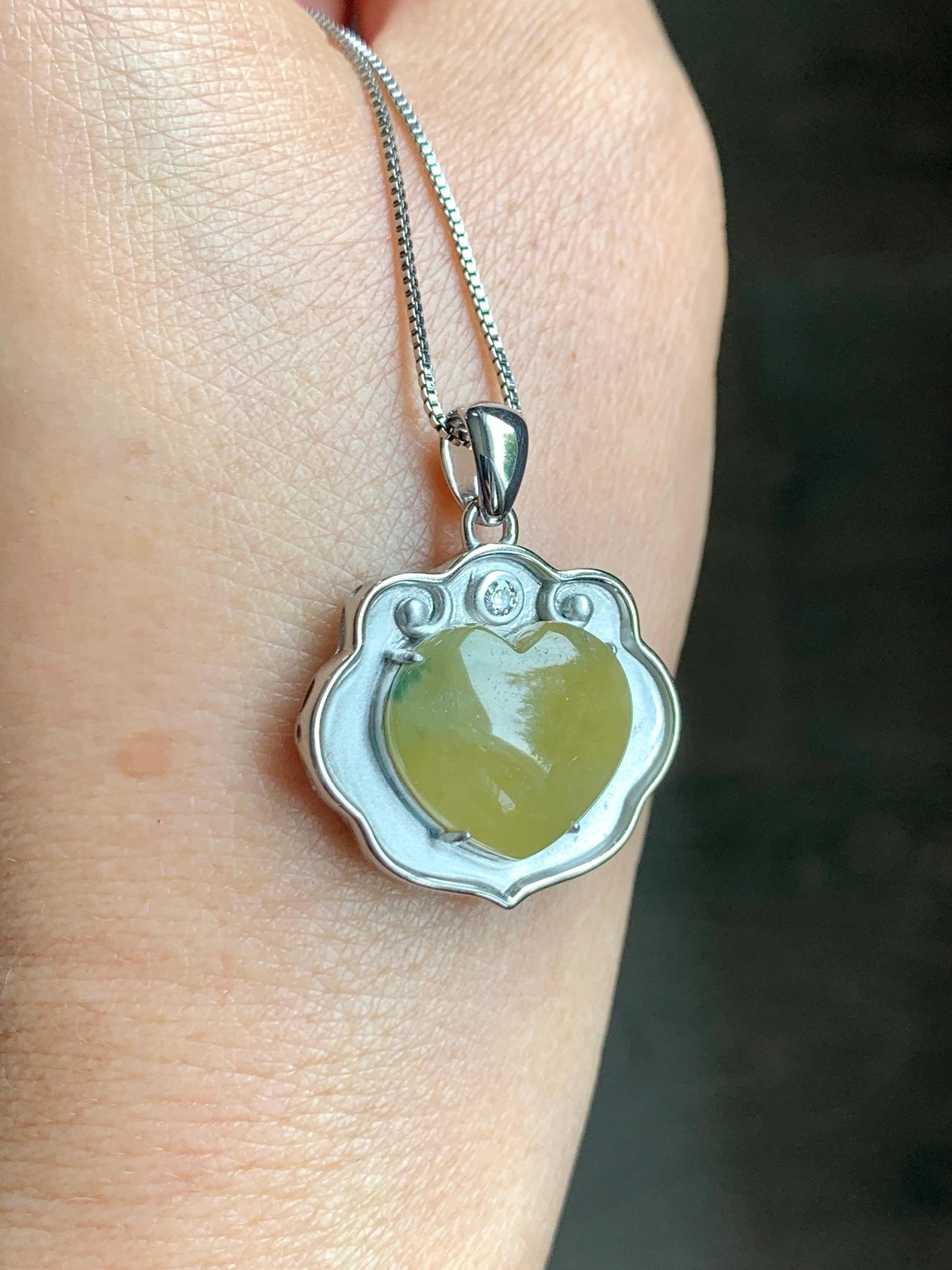 Certified Natural Grade A Icy Translucent Mustard Yellow Jade Jadeite Heart Ruyi Lock Pendant Sterling Silver 6.67g 天然冰黄翡翠爱心如意锁吊坠 220