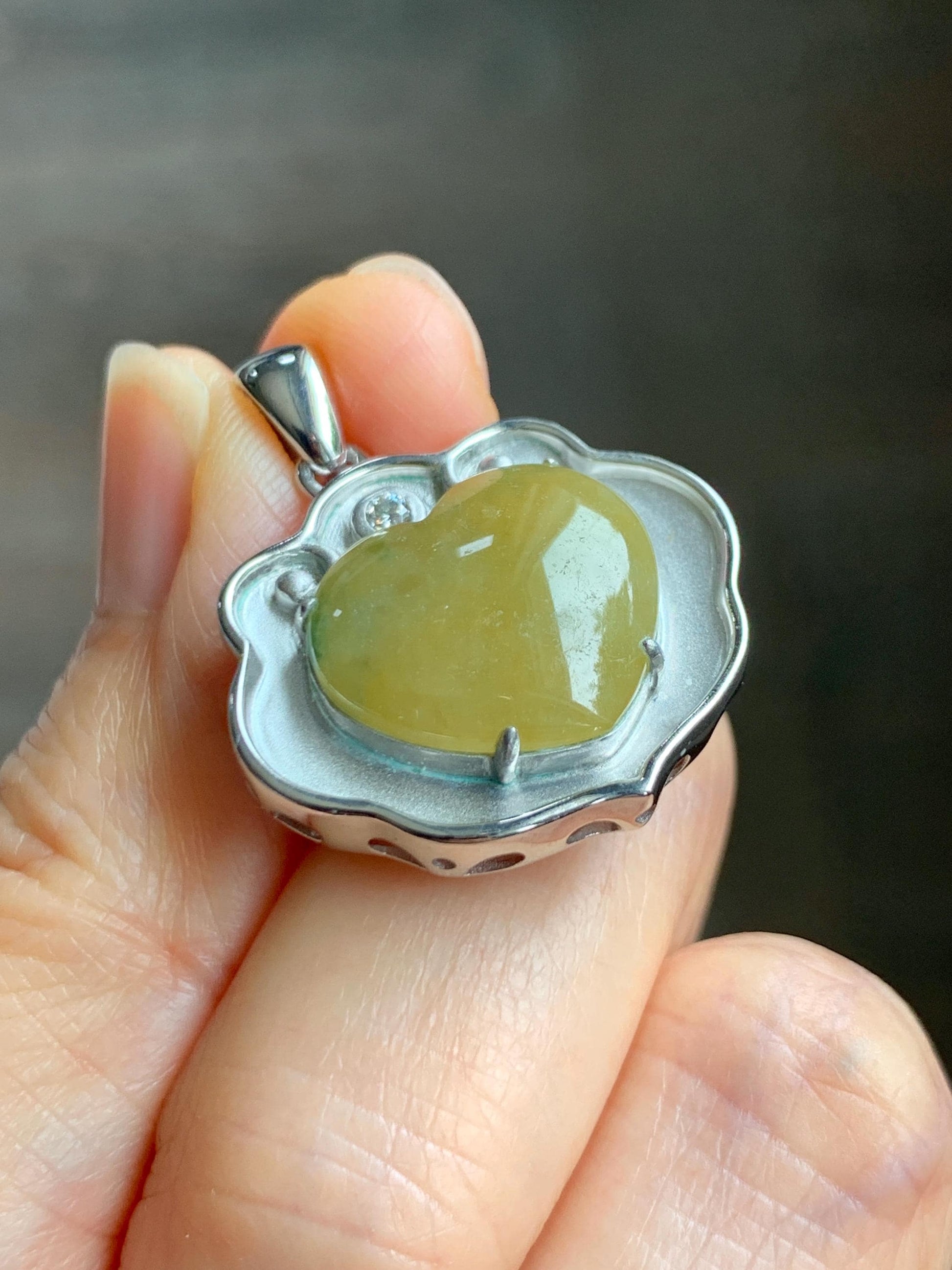 Certified Natural Grade A Icy Translucent Mustard Yellow Jade Jadeite Heart Ruyi Lock Pendant Sterling Silver 6.67g 天然冰黄翡翠爱心如意锁吊坠 220