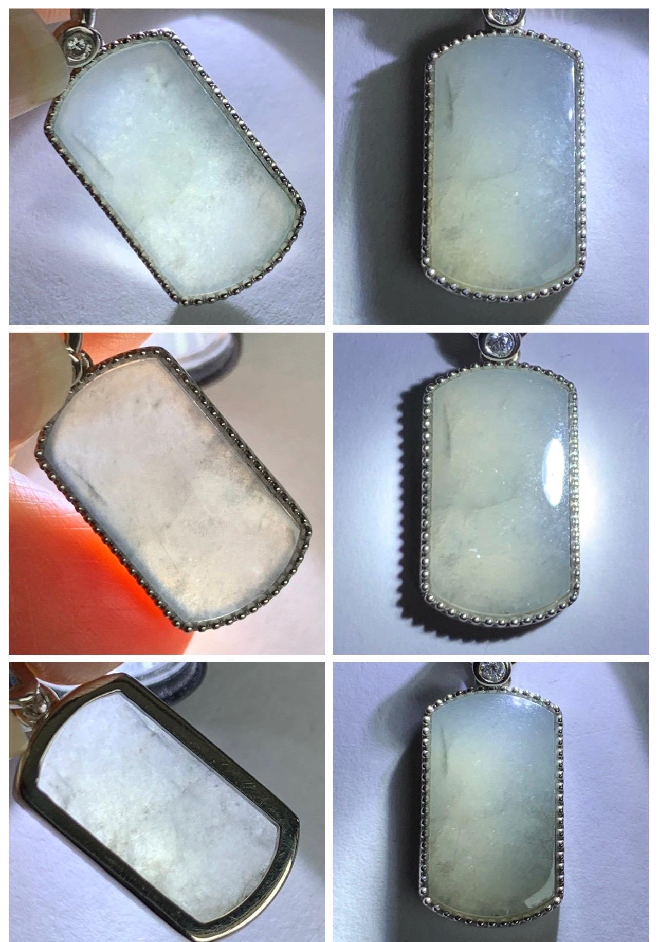 Certified Natural Grade A Icy Translucent Light Gray Wuji Jade Jadeite Wu Shi Pai Saddle Pendant Sterling Silver 3g 天然冰胶乌鸡翡翠马鞍无事牌吊坠 248
