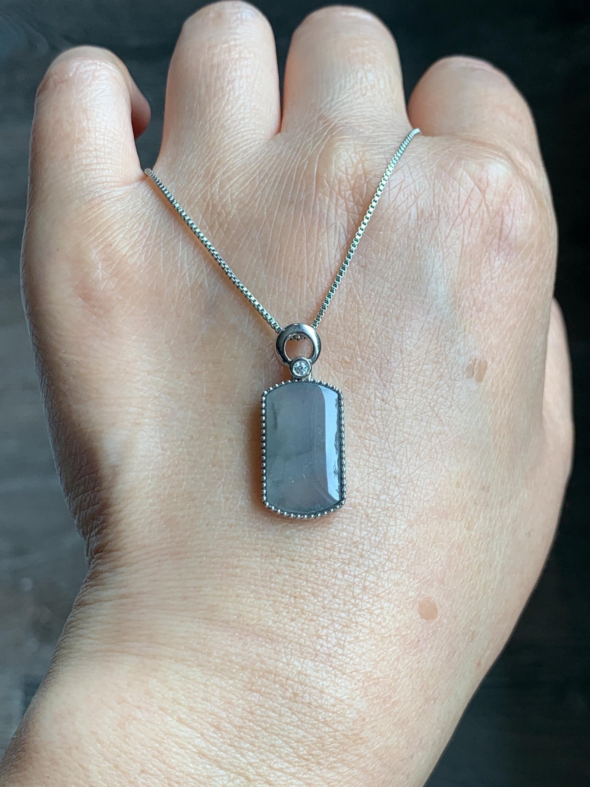 Certified Natural Grade A Icy Translucent Light Gray Wuji Jade Jadeite Wu Shi Pai Saddle Pendant Sterling Silver 3g 天然冰胶乌鸡翡翠马鞍无事牌吊坠 248