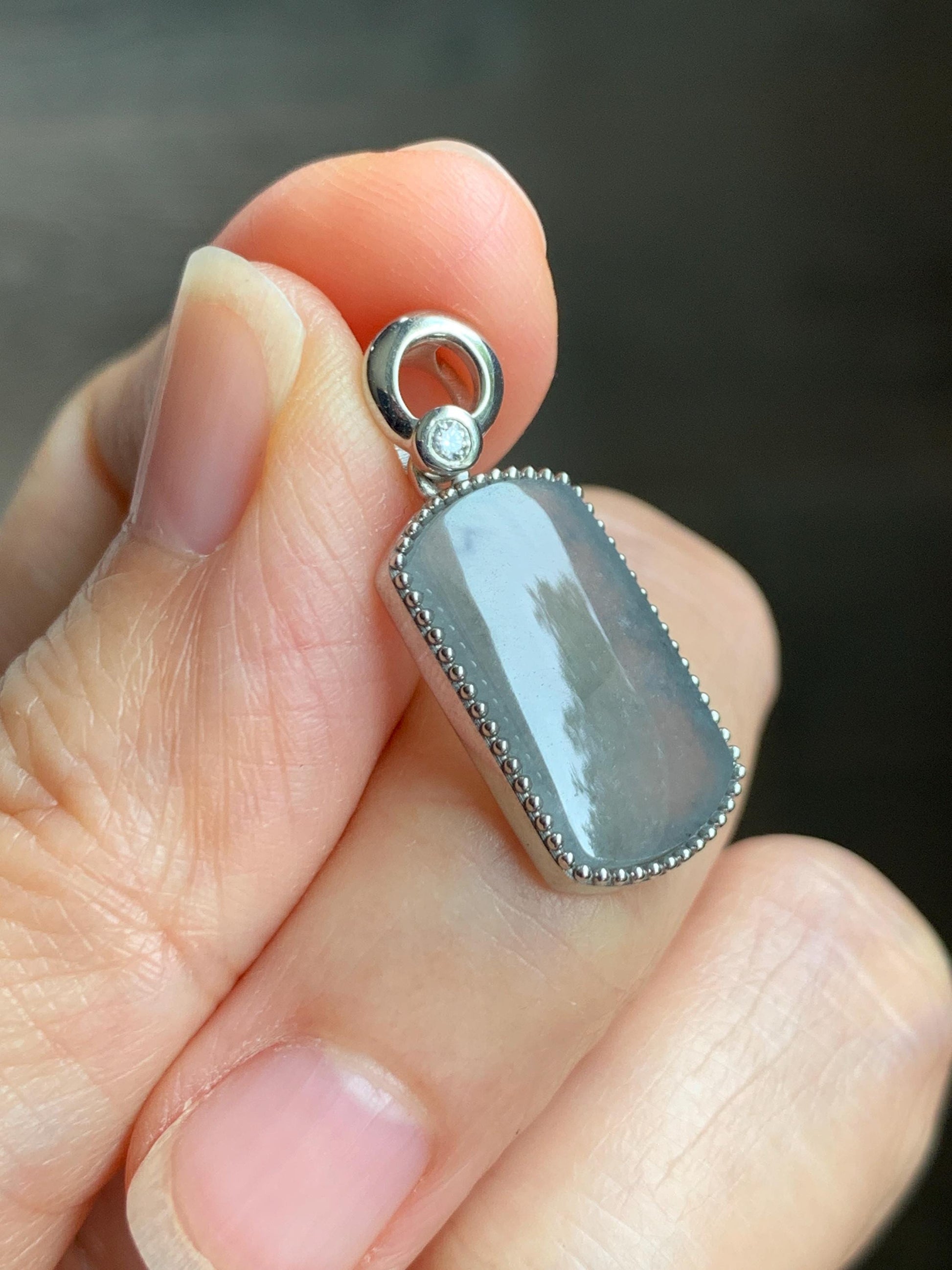 Certified Natural Grade A Icy Translucent Light Gray Wuji Jade Jadeite Wu Shi Pai Saddle Pendant Sterling Silver 3g 天然冰胶乌鸡翡翠马鞍无事牌吊坠 248