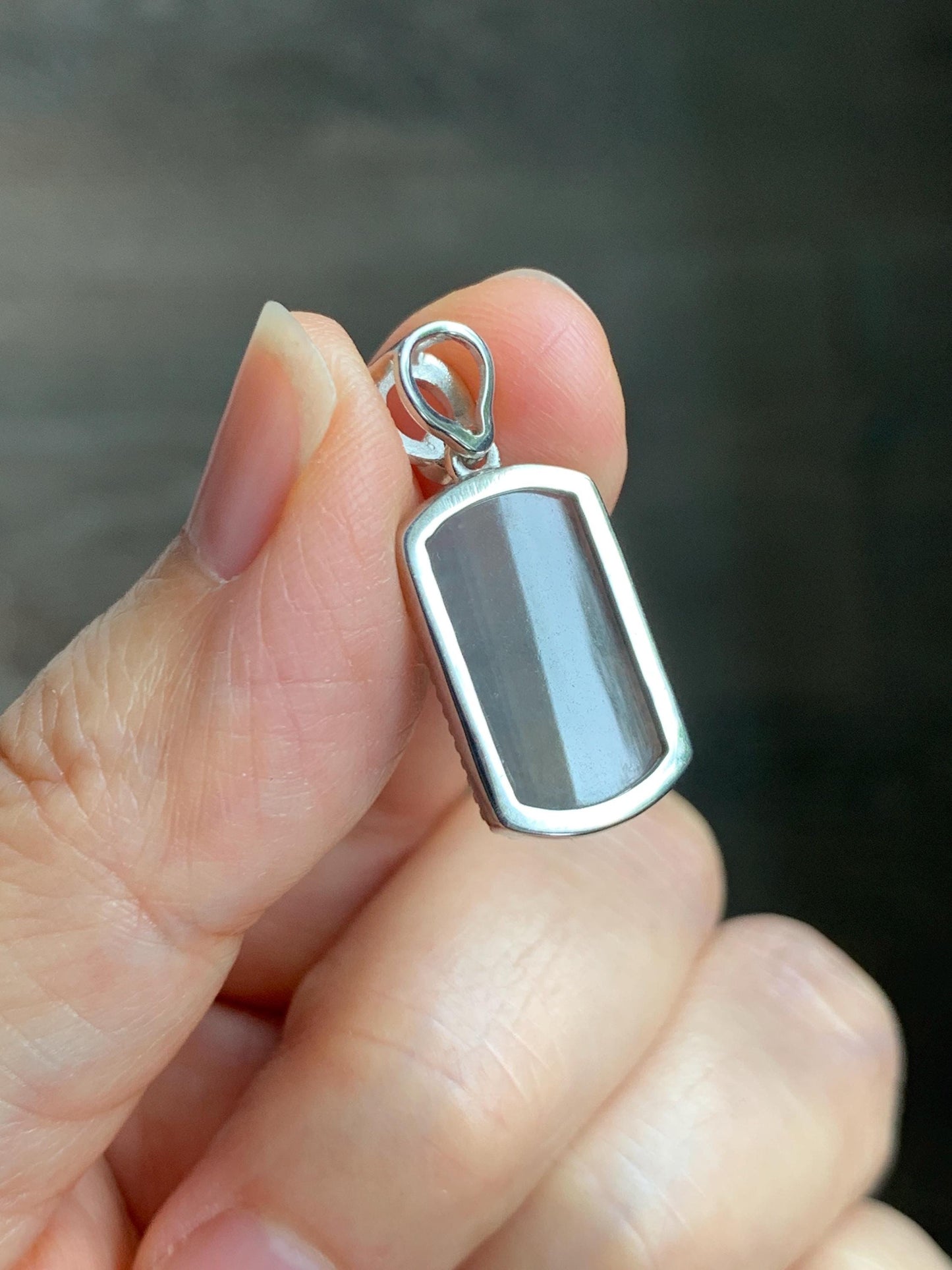 Certified Natural Grade A Icy Translucent Light Gray Wuji Jade Jadeite Wu Shi Pai Saddle Pendant Sterling Silver 3g 天然冰胶乌鸡翡翠马鞍无事牌吊坠 248