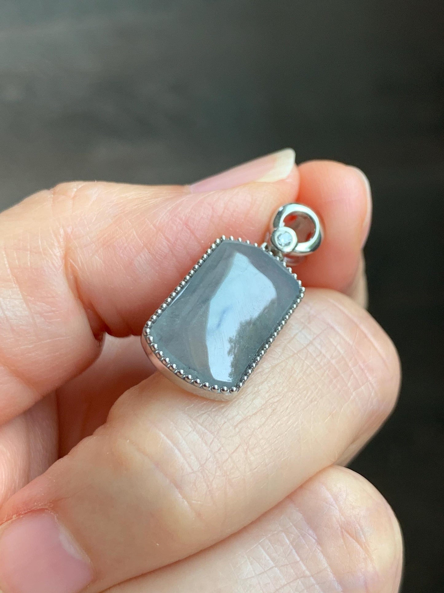 Certified Natural Grade A Icy Translucent Light Gray Wuji Jade Jadeite Wu Shi Pai Saddle Pendant Sterling Silver 3g 天然冰胶乌鸡翡翠马鞍无事牌吊坠 248