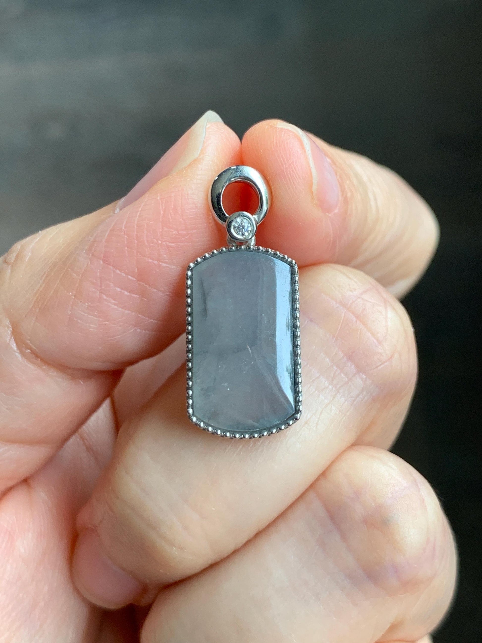 Certified Natural Grade A Icy Translucent Light Gray Wuji Jade Jadeite Wu Shi Pai Saddle Pendant Sterling Silver 3g 天然冰胶乌鸡翡翠马鞍无事牌吊坠 248