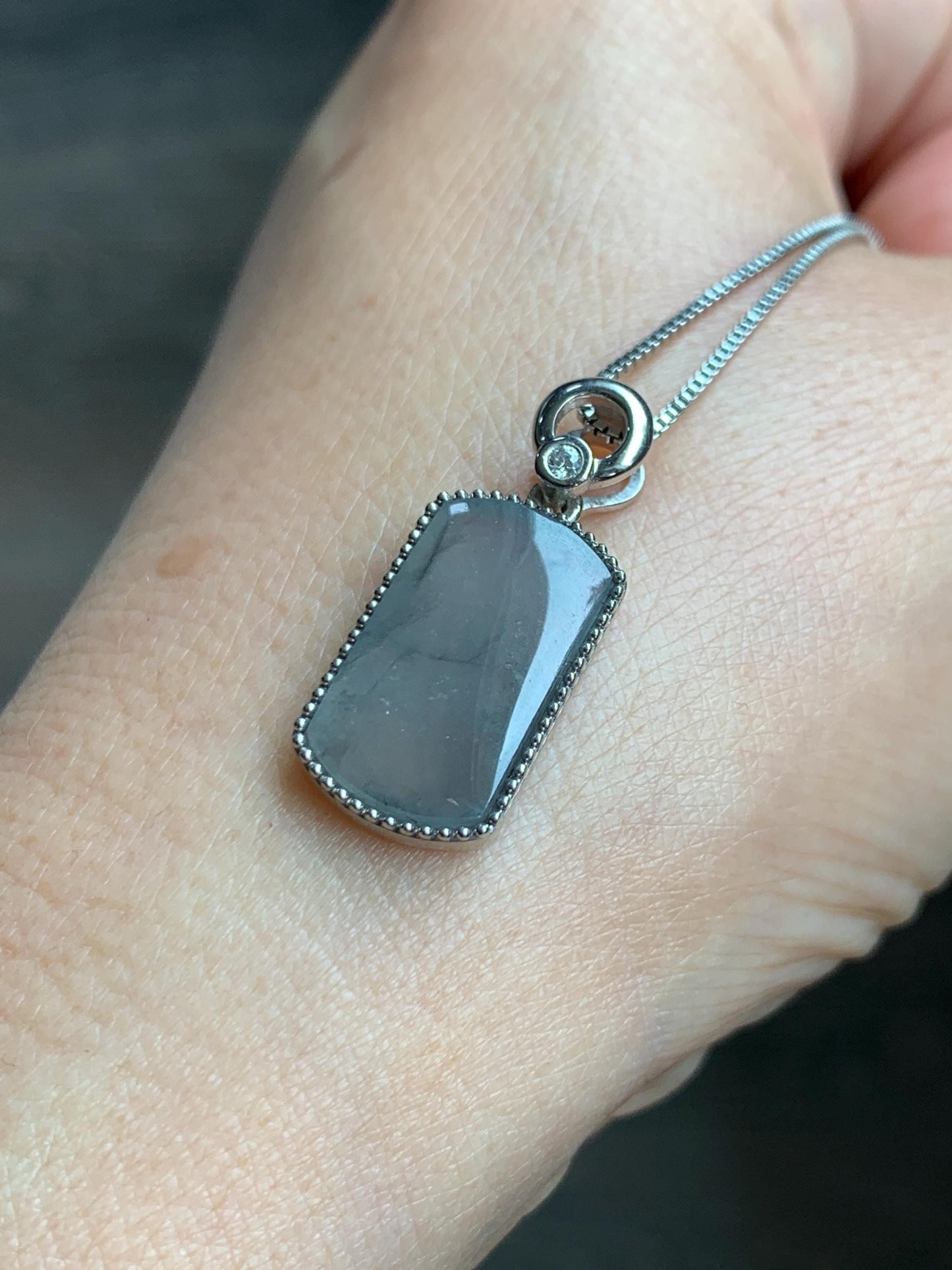 Certified Natural Grade A Icy Translucent Light Gray Wuji Jade Jadeite Wu Shi Pai Saddle Pendant Sterling Silver 3g 天然冰胶乌鸡翡翠马鞍无事牌吊坠 248