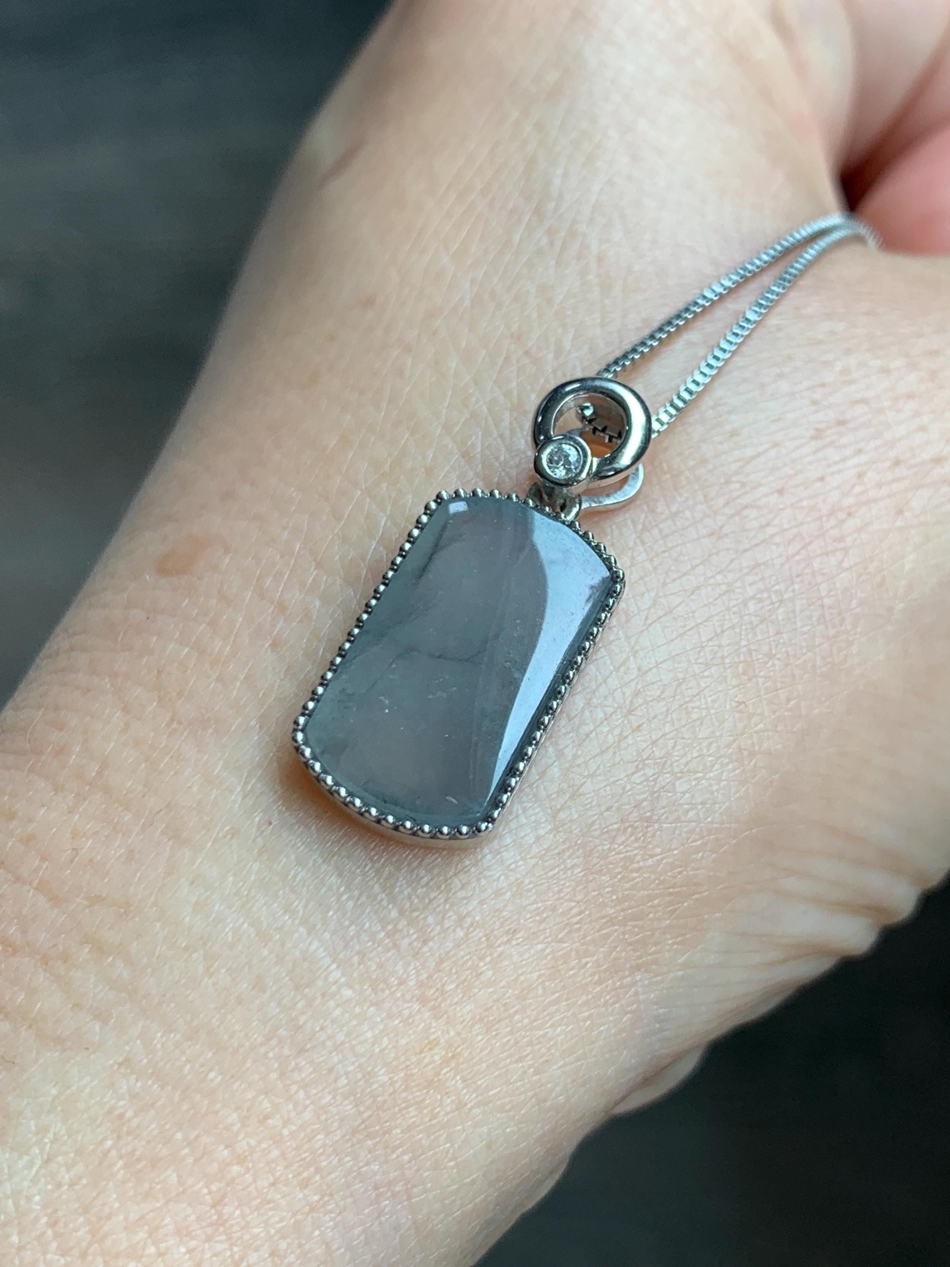 Certified Natural Grade A Icy Translucent Light Gray Wuji Jade Jadeite Wu Shi Pai Saddle Pendant Sterling Silver 3g 天然冰胶乌鸡翡翠马鞍无事牌吊坠 248