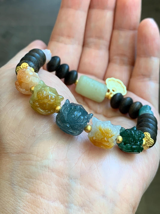 Grade A Type A Icy Multicolored Jade Jadeite Carved Dancing Lion Wood Beads Beaded Bracelet Sterling Silver 7.25” 天然冰胶多宝翡翠醒狮木珠手串 DBS550