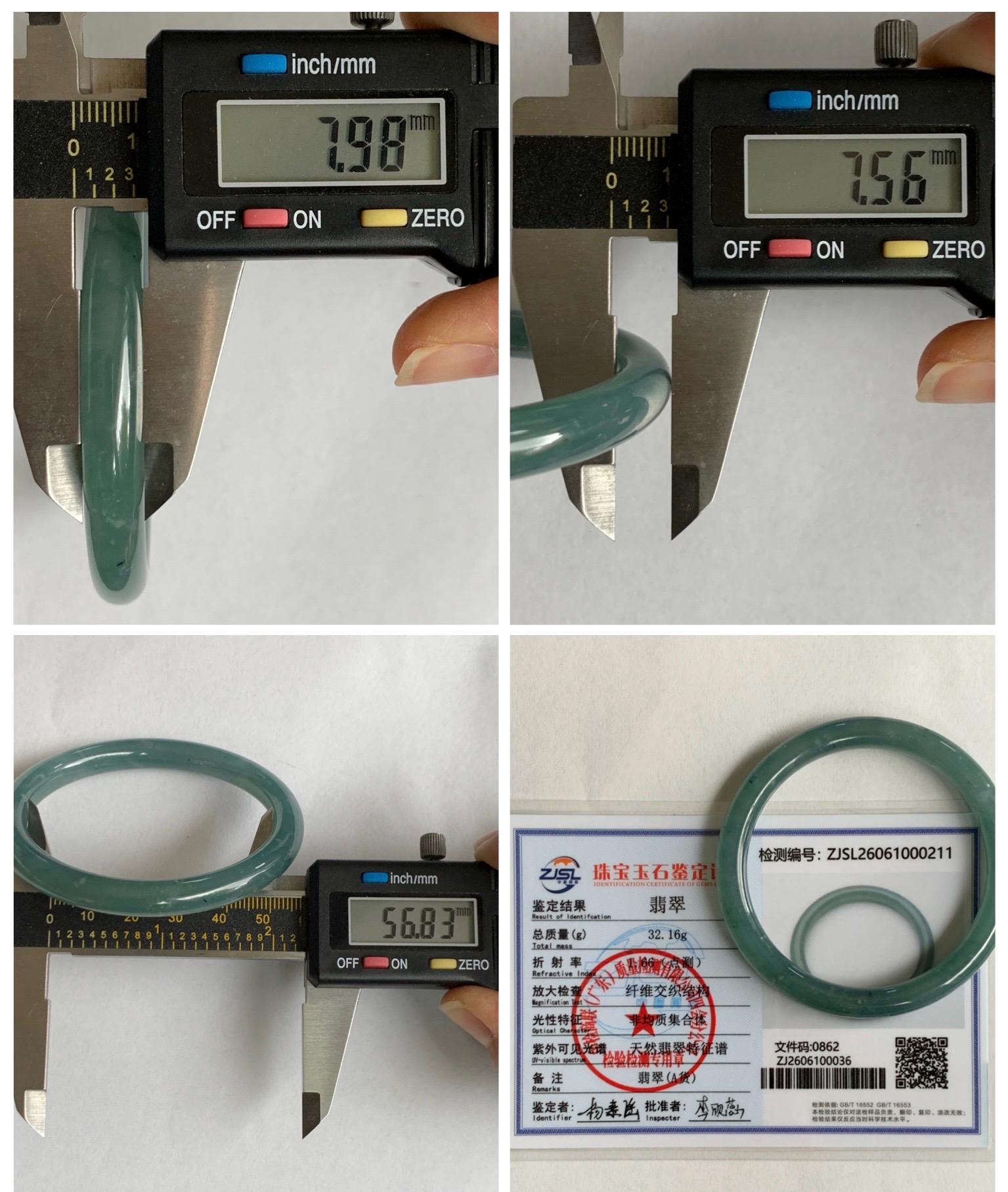 Certified Natural Grade A Guatemalan Icy Translucent Dusty Teal Green Jade Jadeite Bangle Bracelet 56.83mm 7” 32g 天然冰危蓝绿翡翠圆条手镯 211