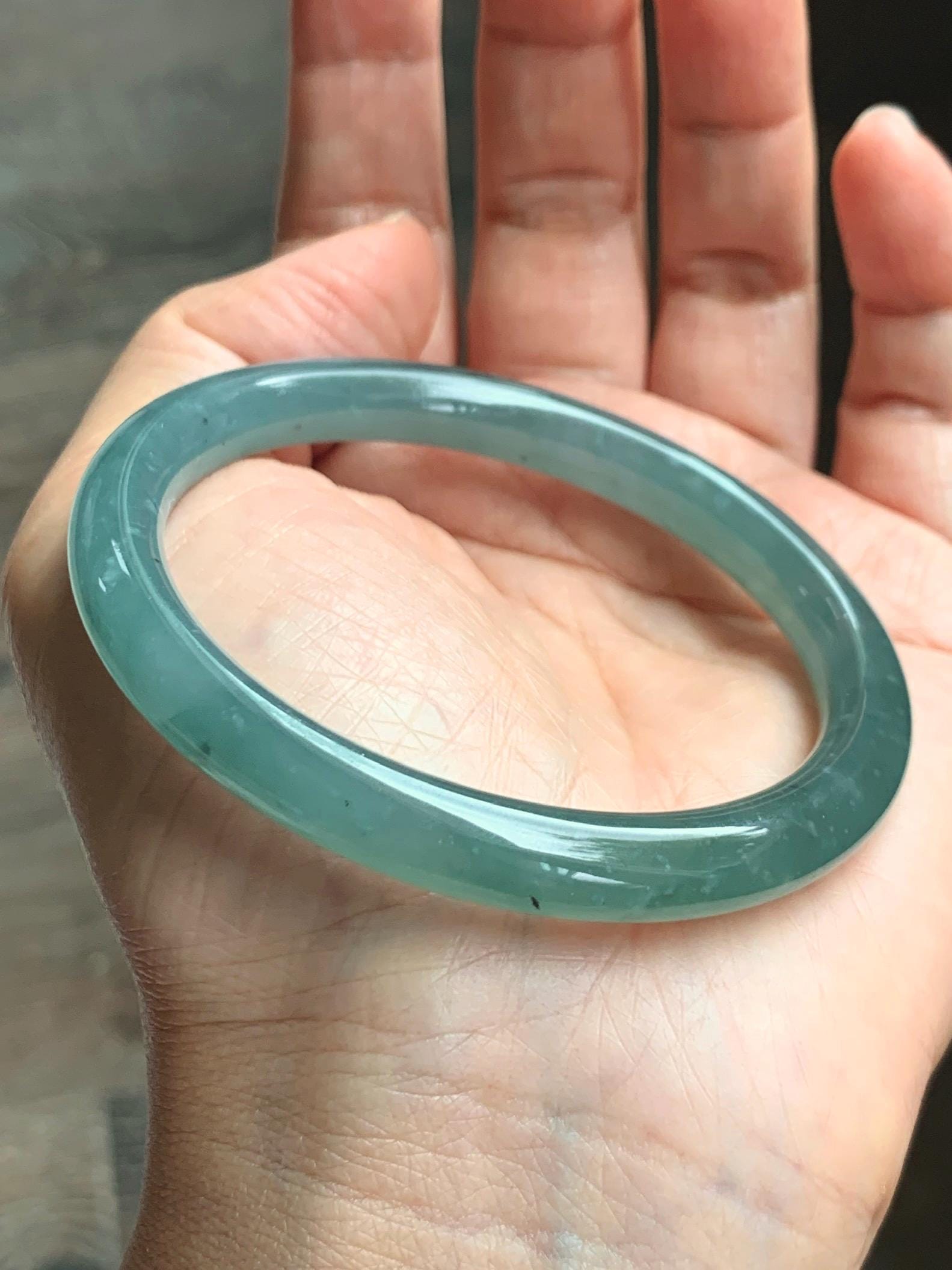 Certified Natural Grade A Guatemalan Icy Translucent Dusty Teal Green Jade Jadeite Bangle Bracelet 56.83mm 7” 32g 天然冰危蓝绿翡翠圆条手镯 211