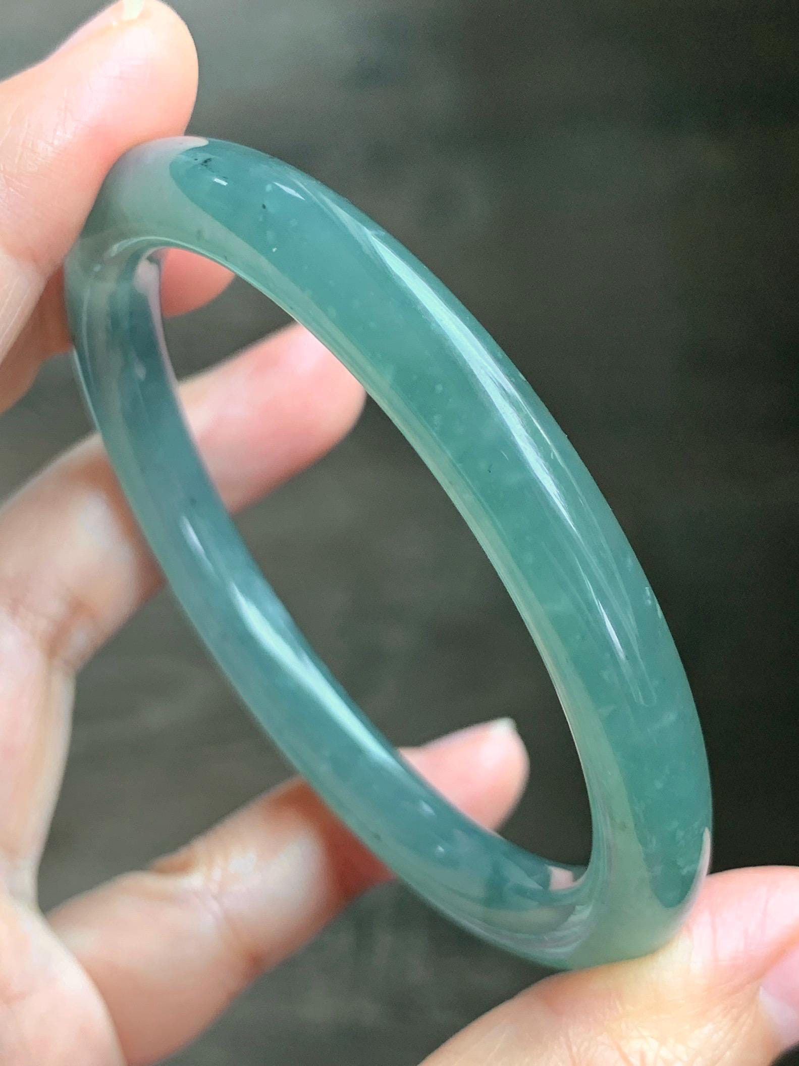 Certified Natural Grade A Guatemalan Icy Translucent Dusty Teal Green Jade Jadeite Bangle Bracelet 56.83mm 7” 32g 天然冰危蓝绿翡翠圆条手镯 211