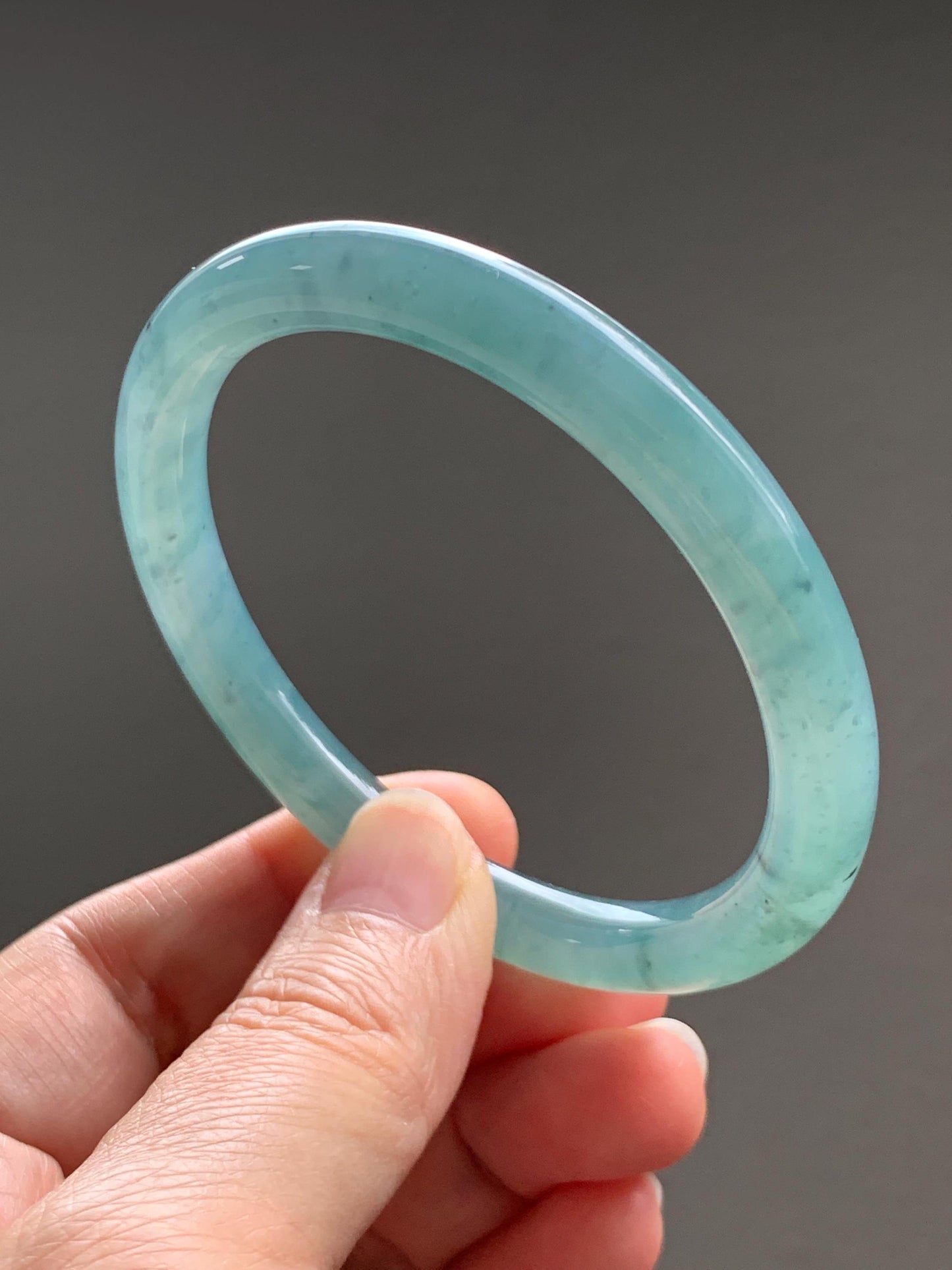 Certified Natural Grade A Guatemalan Icy Translucent Dusty Teal Green Jade Jadeite Bangle Bracelet 56.83mm 7” 32g 天然冰危蓝绿翡翠圆条手镯 211