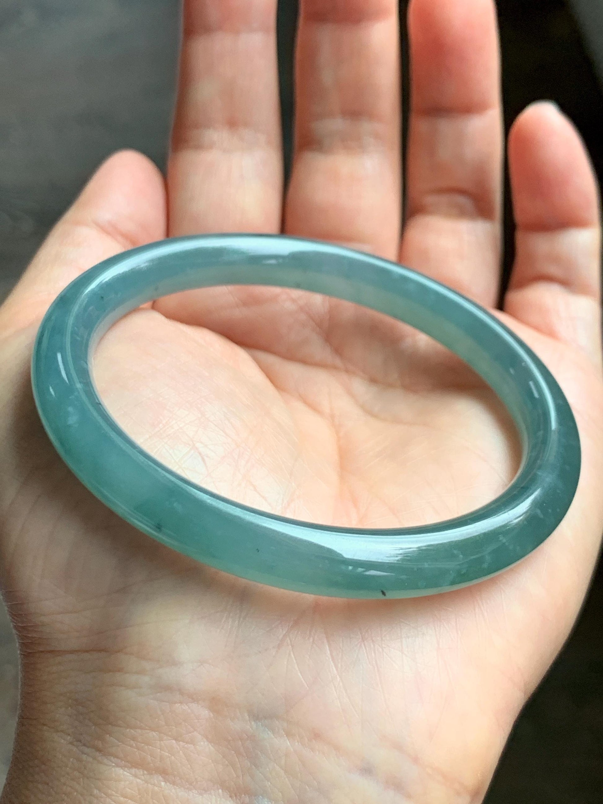 Certified Natural Grade A Guatemalan Icy Translucent Dusty Teal Green Jade Jadeite Bangle Bracelet 56.83mm 7” 32g 天然冰危蓝绿翡翠圆条手镯 211