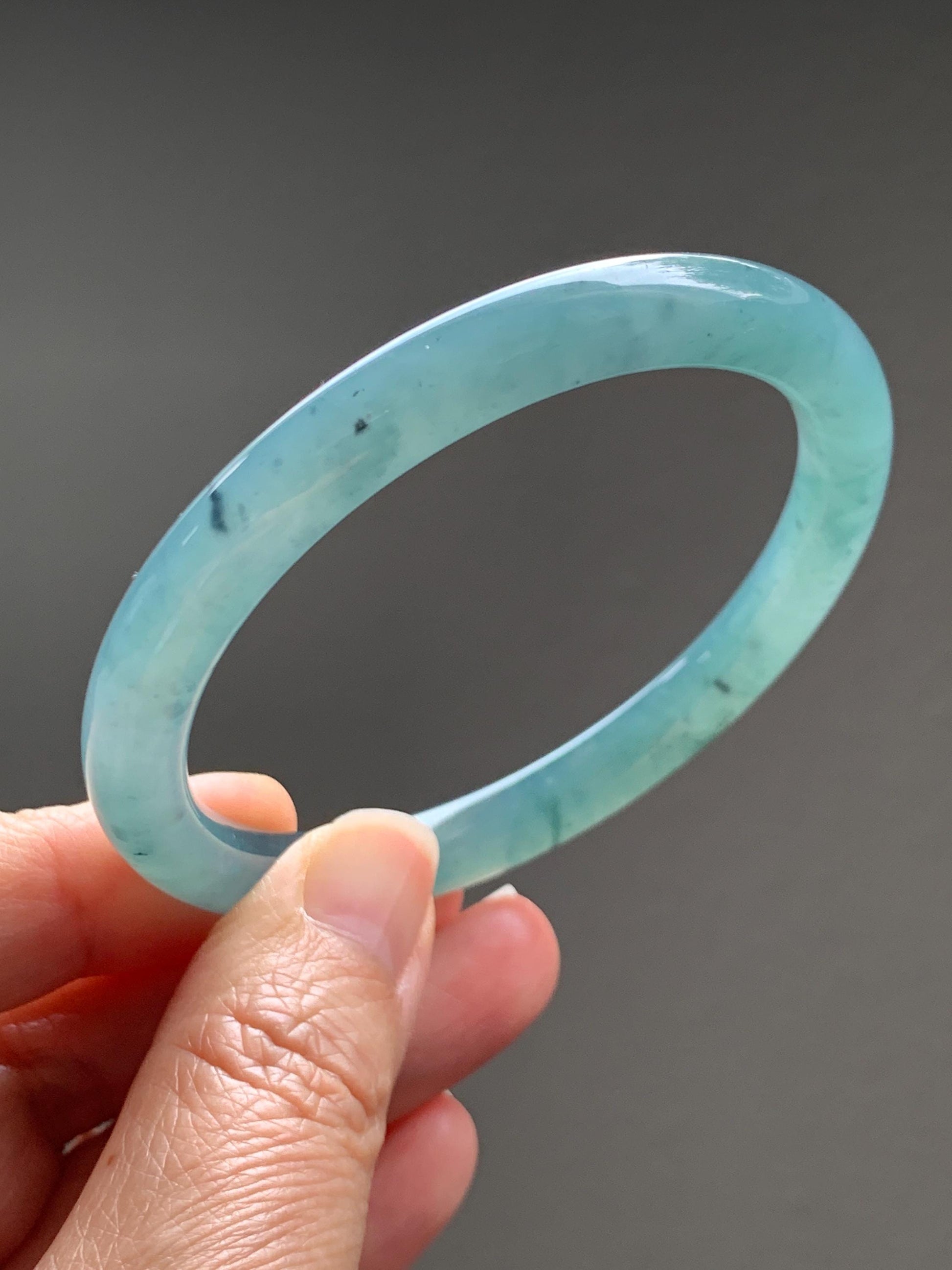 Certified Natural Grade A Guatemalan Icy Translucent Dusty Teal Green Jade Jadeite Bangle Bracelet 56.83mm 7” 32g 天然冰危蓝绿翡翠圆条手镯 211