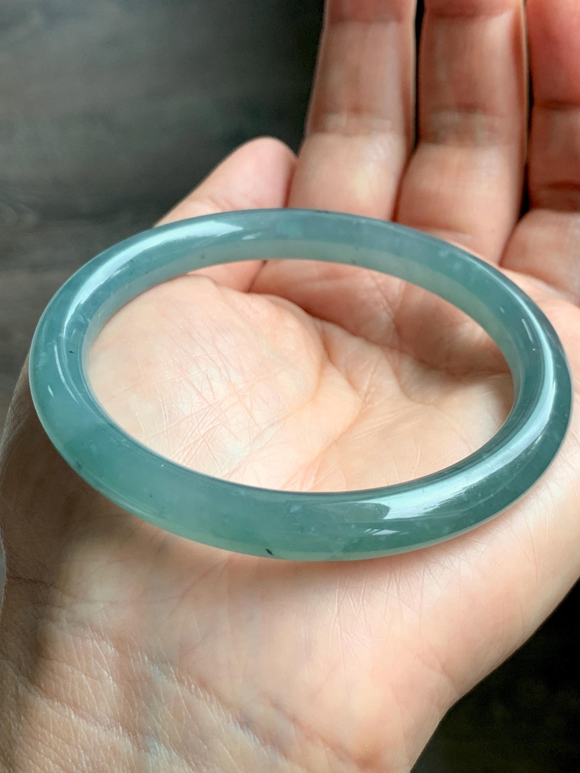 Certified Natural Grade A Guatemalan Icy Translucent Dusty Teal Green Jade Jadeite Bangle Bracelet 56.83mm 7” 32g 天然冰危蓝绿翡翠圆条手镯 211