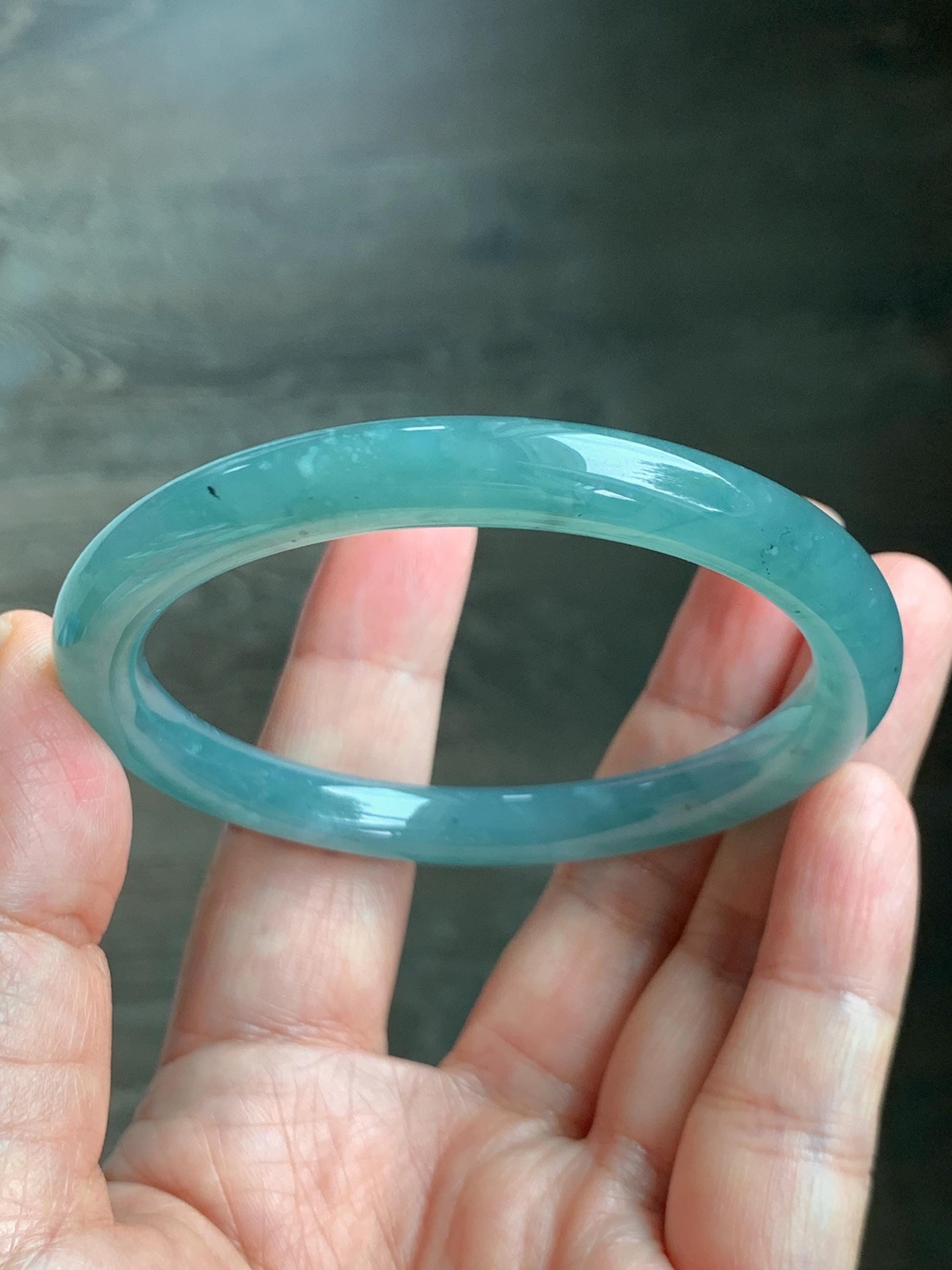 Certified Natural Grade A Guatemalan Icy Translucent Dusty Teal Green Jade Jadeite Bangle Bracelet 56.83mm 7” 32g 天然冰危蓝绿翡翠圆条手镯 211