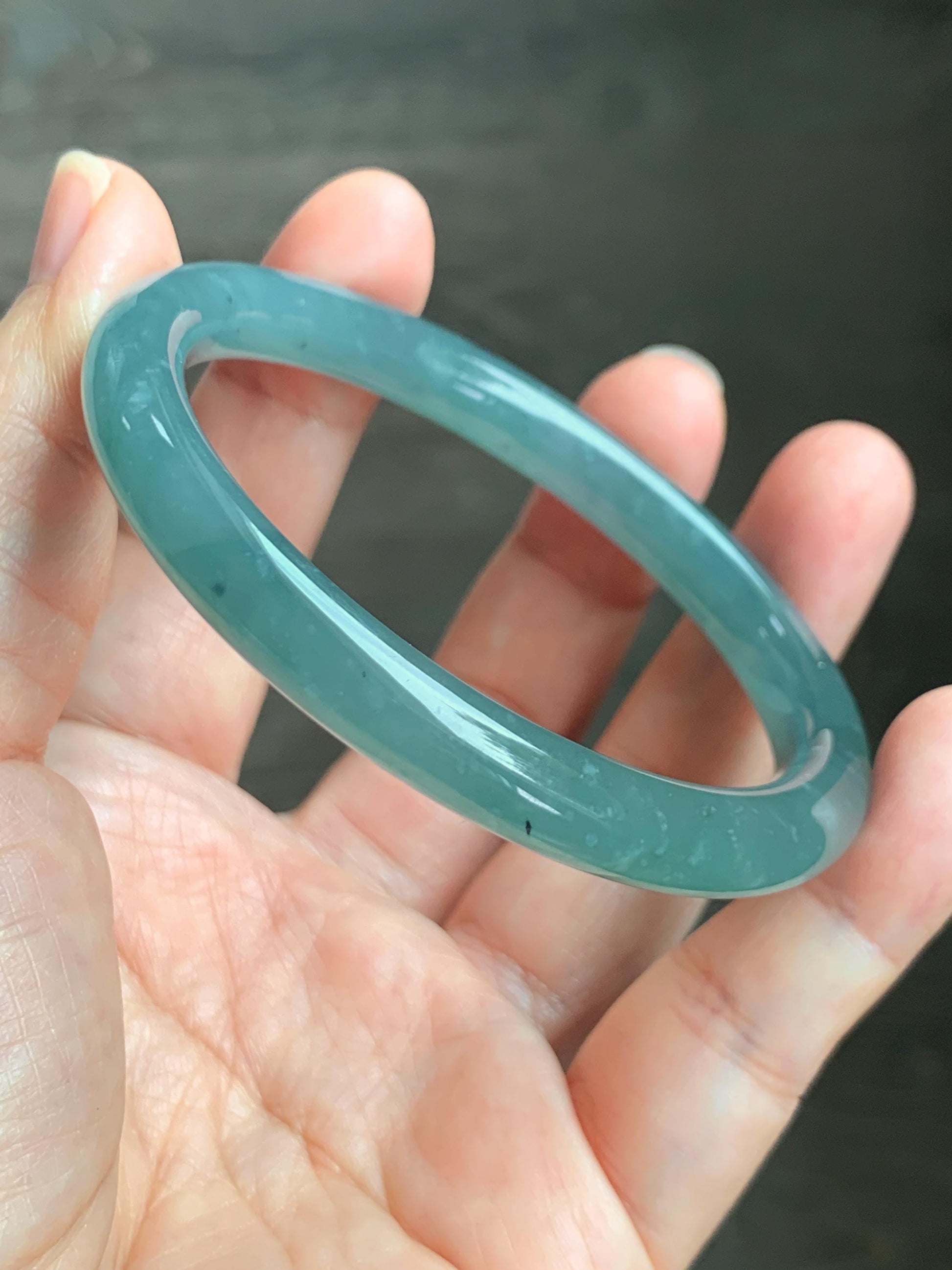 Certified Natural Grade A Guatemalan Icy Translucent Dusty Teal Green Jade Jadeite Bangle Bracelet 56.83mm 7” 32g 天然冰危蓝绿翡翠圆条手镯 211