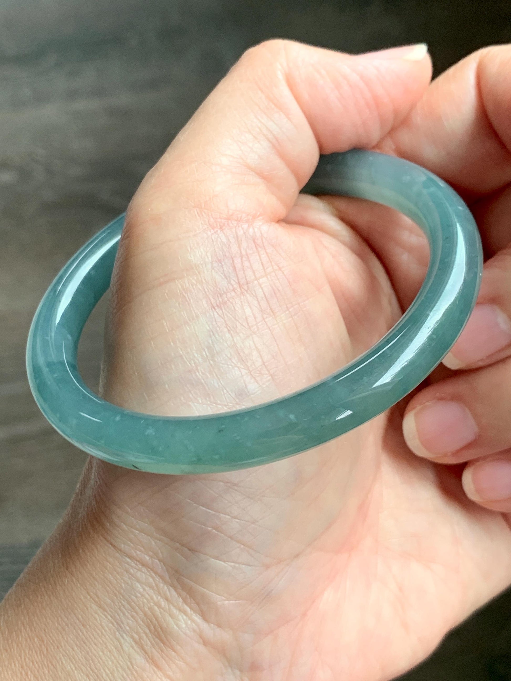 Certified Natural Grade A Guatemalan Icy Translucent Dusty Teal Green Jade Jadeite Bangle Bracelet 56.83mm 7” 32g 天然冰危蓝绿翡翠圆条手镯 211