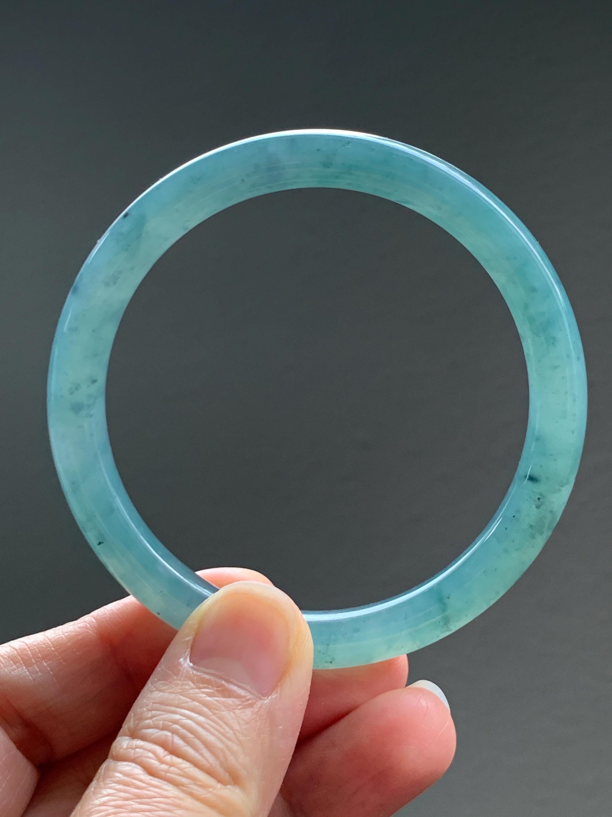 Certified Natural Grade A Guatemalan Icy Translucent Dusty Teal Green Jade Jadeite Bangle Bracelet 56.83mm 7” 32g 天然冰危蓝绿翡翠圆条手镯 211