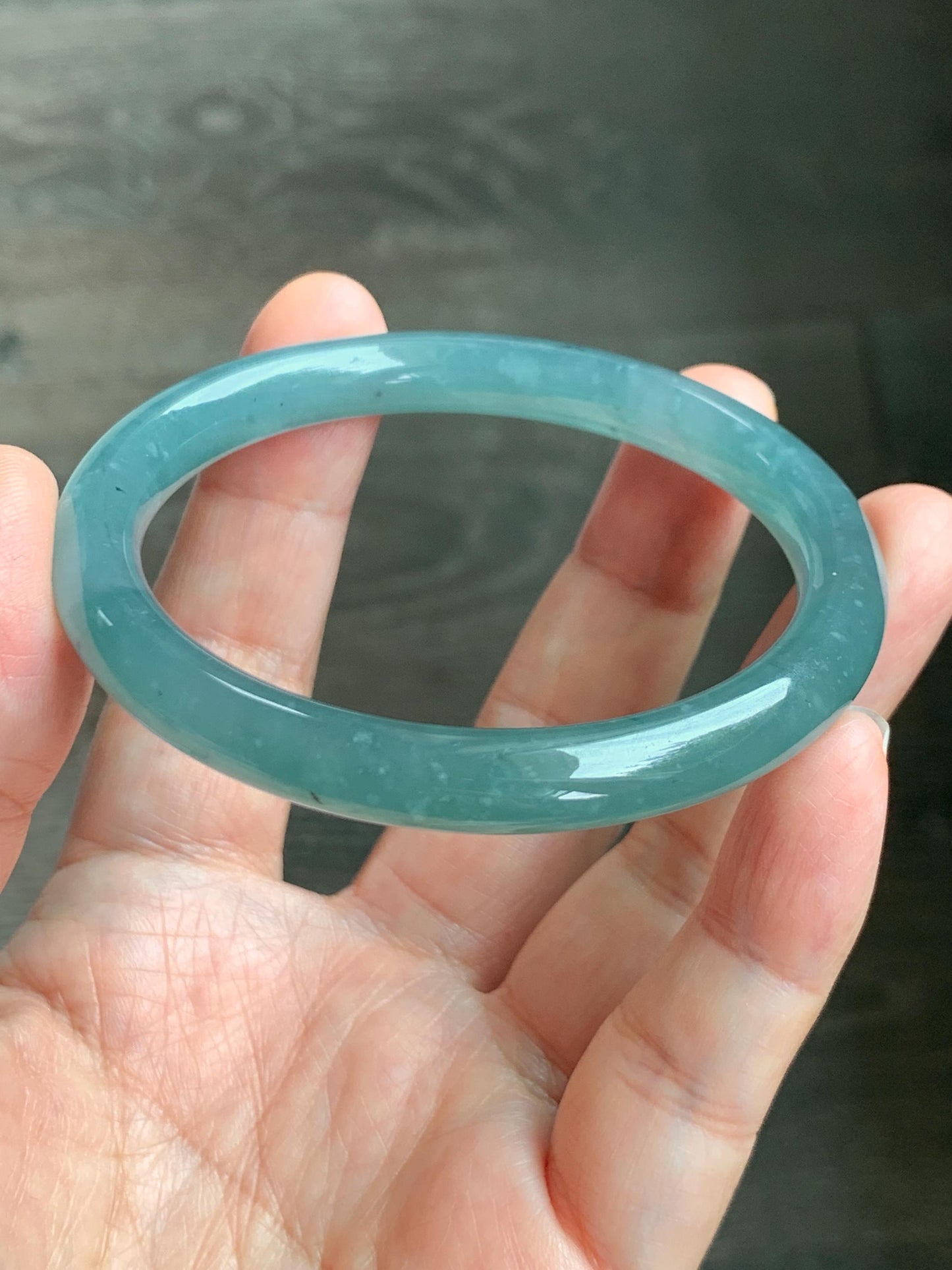Certified Natural Grade A Guatemalan Icy Translucent Dusty Teal Green Jade Jadeite Bangle Bracelet 56.83mm 7” 32g 天然冰危蓝绿翡翠圆条手镯 211